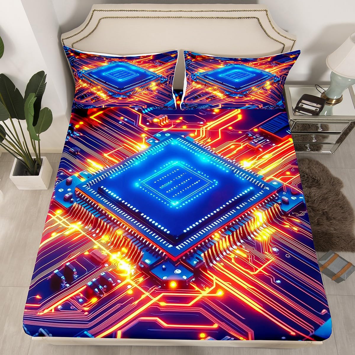 Erosebridal Queen Size Circuit Board Bedding Set, Science and Technology Fitted Sheet for Kids Boys, Print Chips Teal Bed Sheets Stripe Sheets for Teens Adult Men, Blue