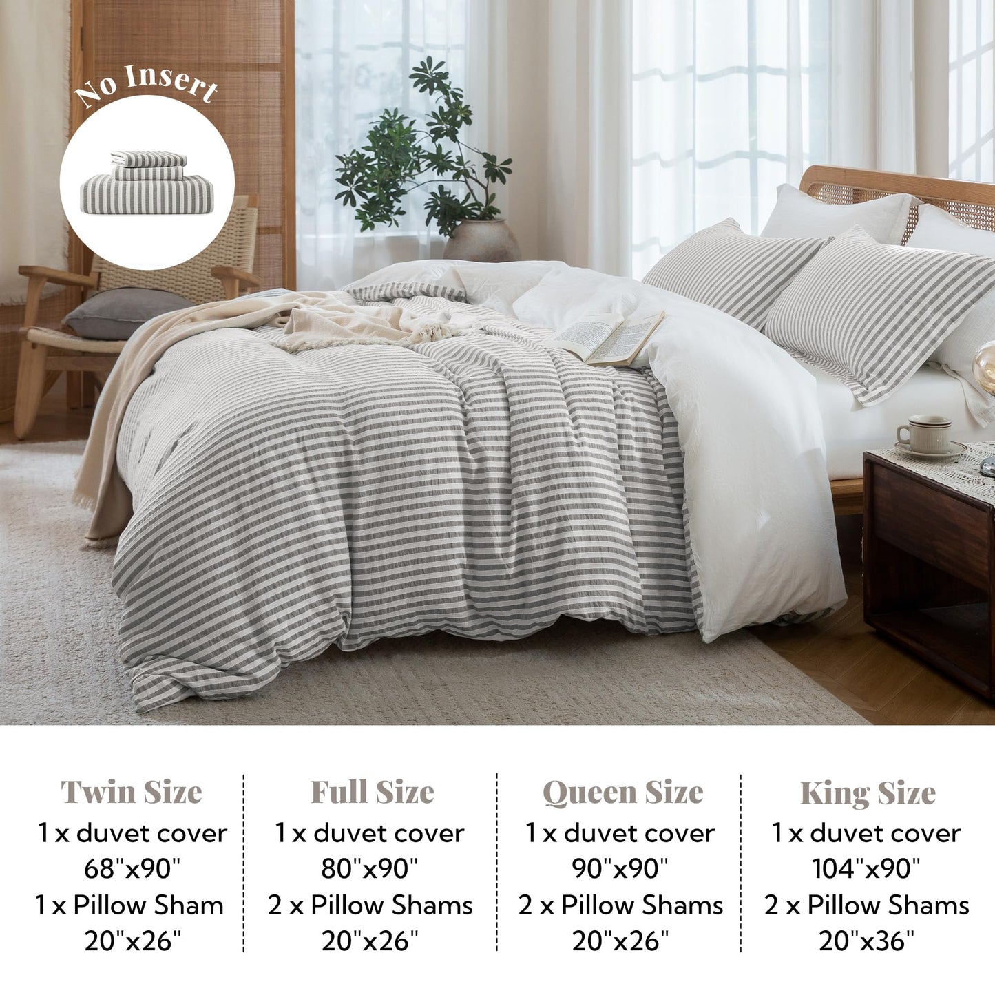 MILDLY Striped Duvet Cover - 100% Washed Cotton Textured Comforter Cover Set 3pcs with Dual Zipper Closure & 8 Corner Ties Soft & Lightweight for All Season 90"x90"