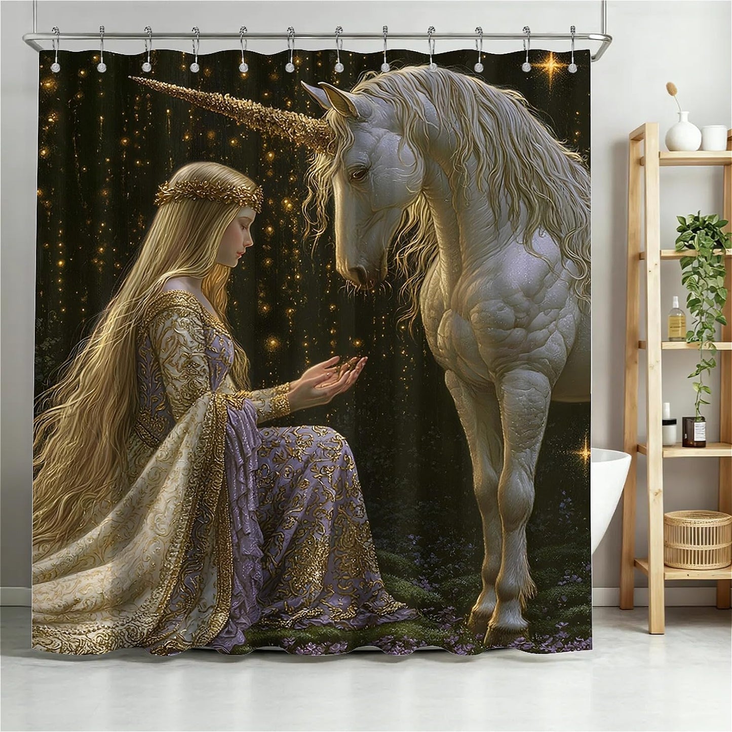 TANGXUNFA Princess and Unicorn Shower Curtain for Bathroom, Water-Resistant Long Shower Curtain Set 72x72 Inch with Metal Grommets and 12 Metal Hooks