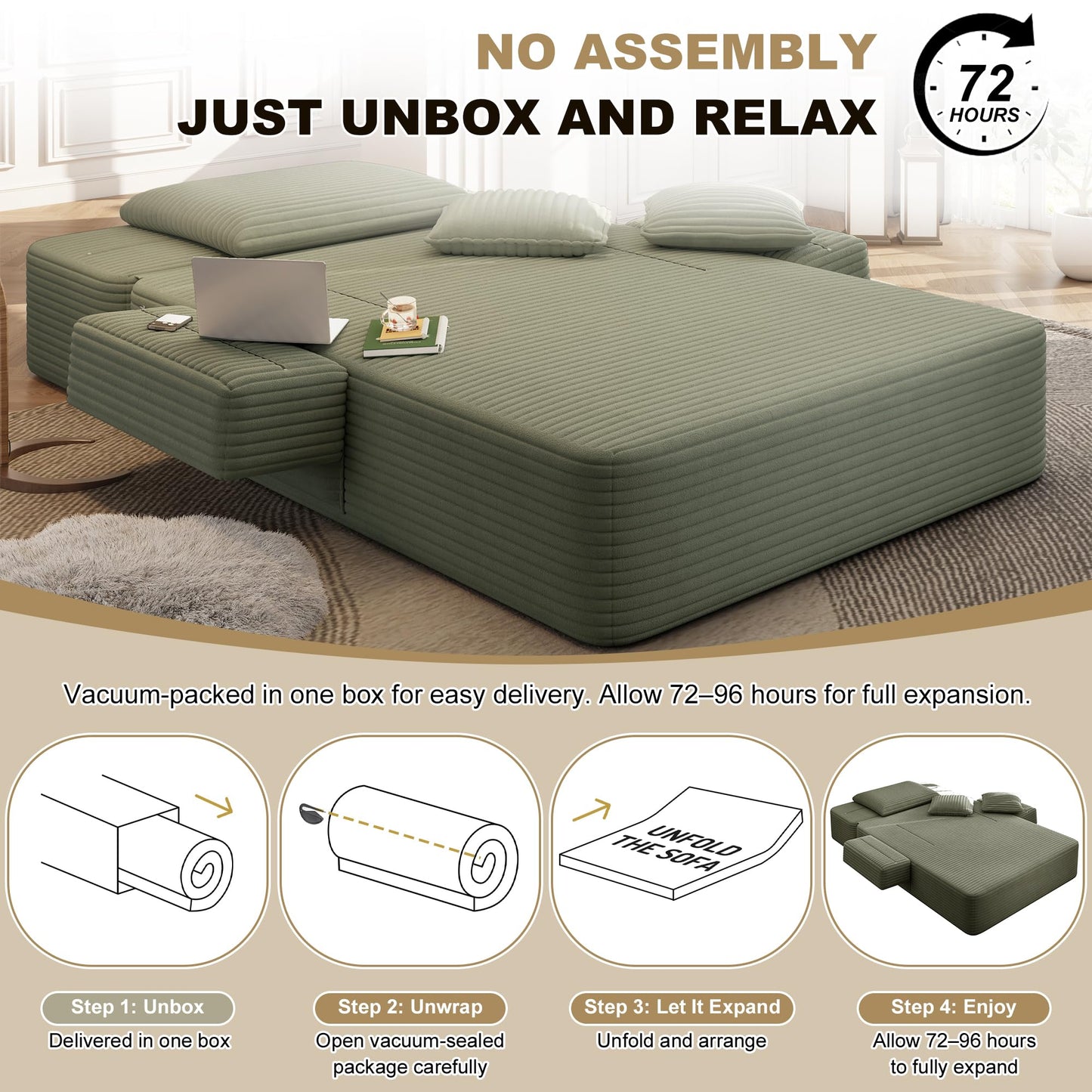 Haquiro 60.2" Oversized Chaise Lounge Chair, Boneless Corduroy Cloud Couch, Deep Seat Convertible Sofa Bed with 3 Pillows, Wide Armrests, Side Pocket, No Assembly (Green)