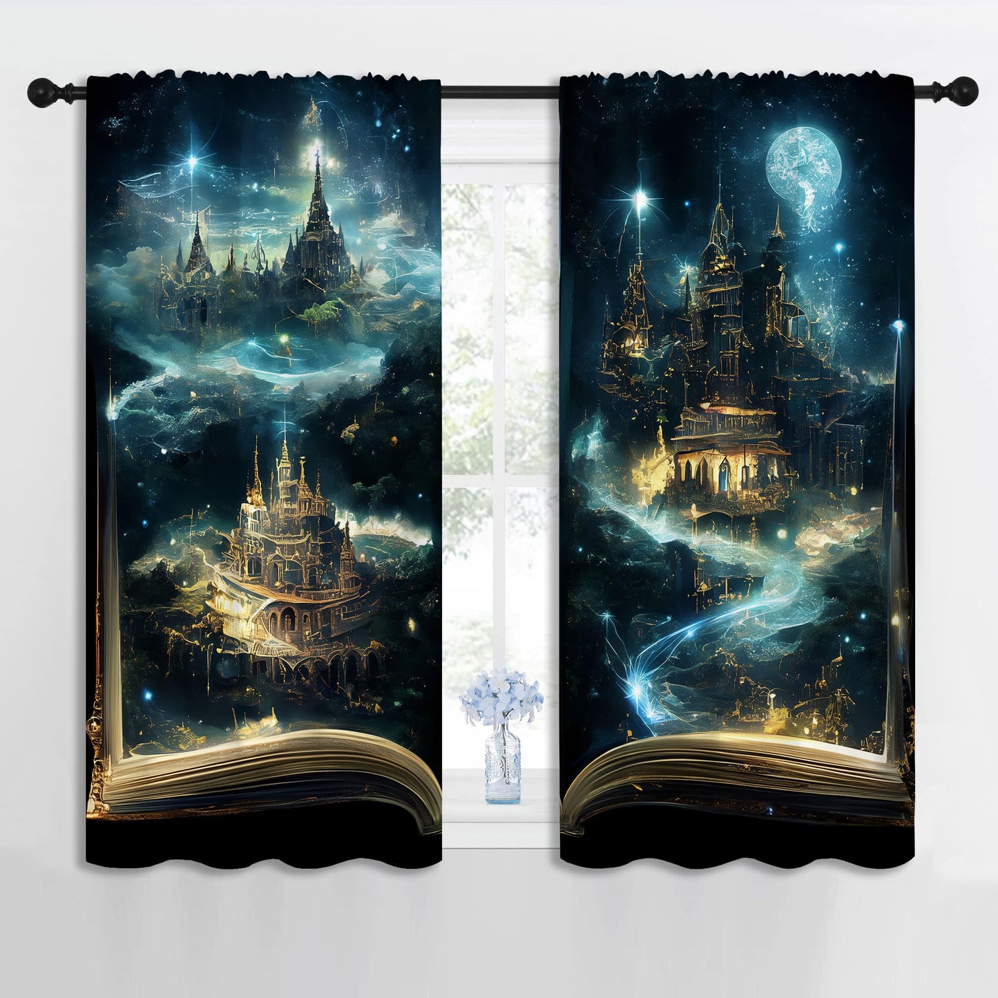 LHROOMJK Magic Book Blackout Curtains for Boys Girl Bedroom Decor,Psychedelic Castle Medieval Building Thermal Insulated Rod Pocket Drapes Darkening Window Curtain for Living Room Home 42x45 inch
