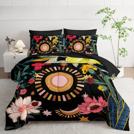 Nttopship 7 Pieces Black Boho Floral Bed in A Bag Full Size 7PCS Black Bedding Set，Colorful Flower Leaves Printed Design Room Decor for Girls Boys Kids,Microfiber Lightweight All Season