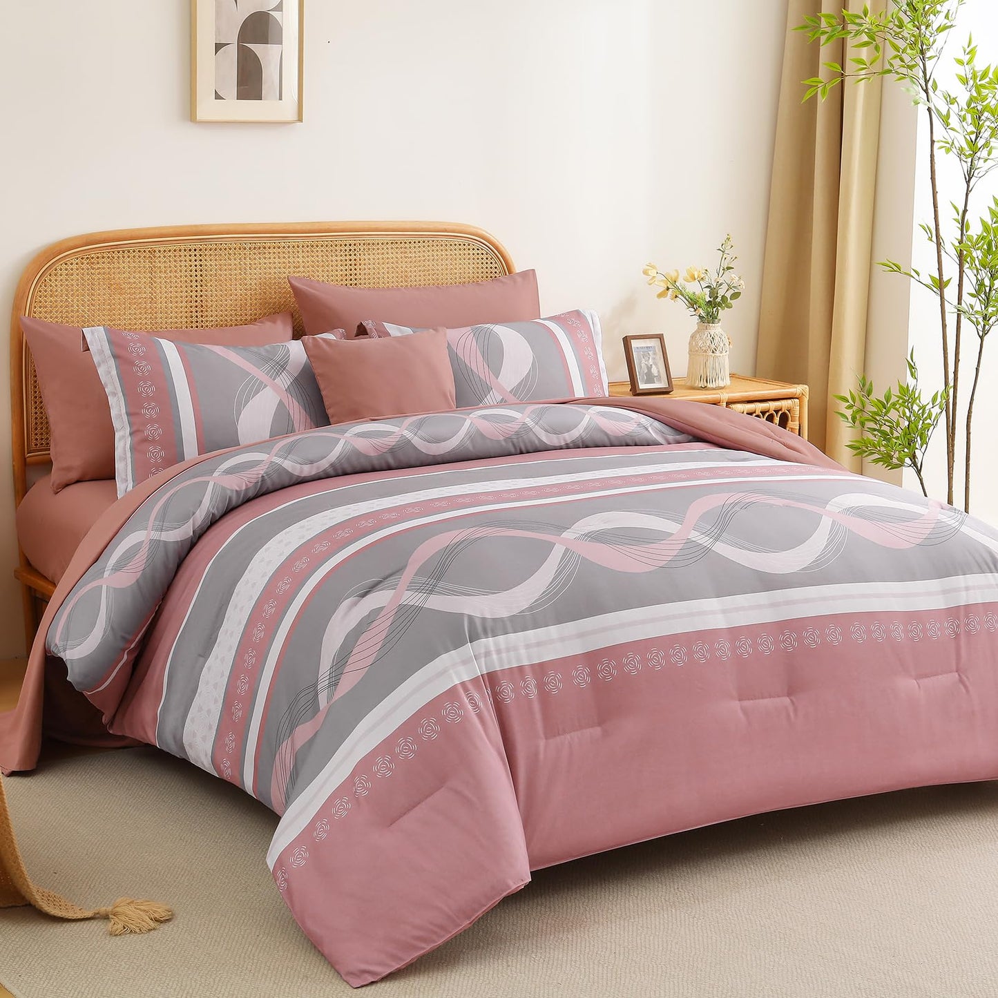Anibedding Comforter Set King Size,8 Pieces Pink Boho Bed in a Bag Patchwork Striped Comforter Set, Soft Microfiber Bedding Set for All Season(104"×90")