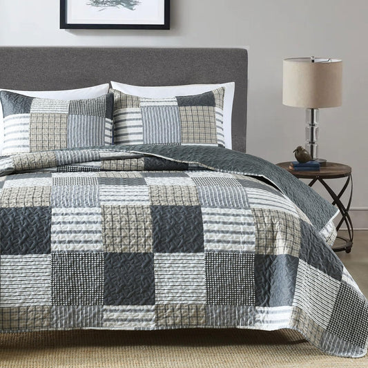 Boryard 3-Piece Queen Quilt Set, Lightweight Soft Full Size Quilt Gray Patchwork Farmhouse Bedspread Coverlet 90x90 inches Spring Bedding Set with 2 Pillow Shams, Grey Plaid Print