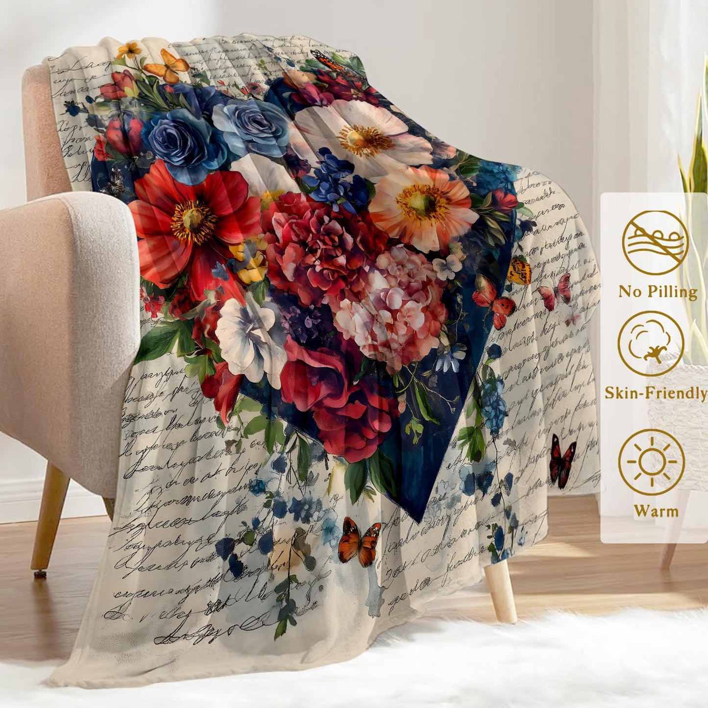 ainori Heart of Love Flannel Blanket - Romantic Floral with Lush Blooms and Words Throw - Soft Cozy Gifts Blankets for Flower Lovers & Kids Women, Romantic Romm Decor, and Elegant Home Accent 50x60in
