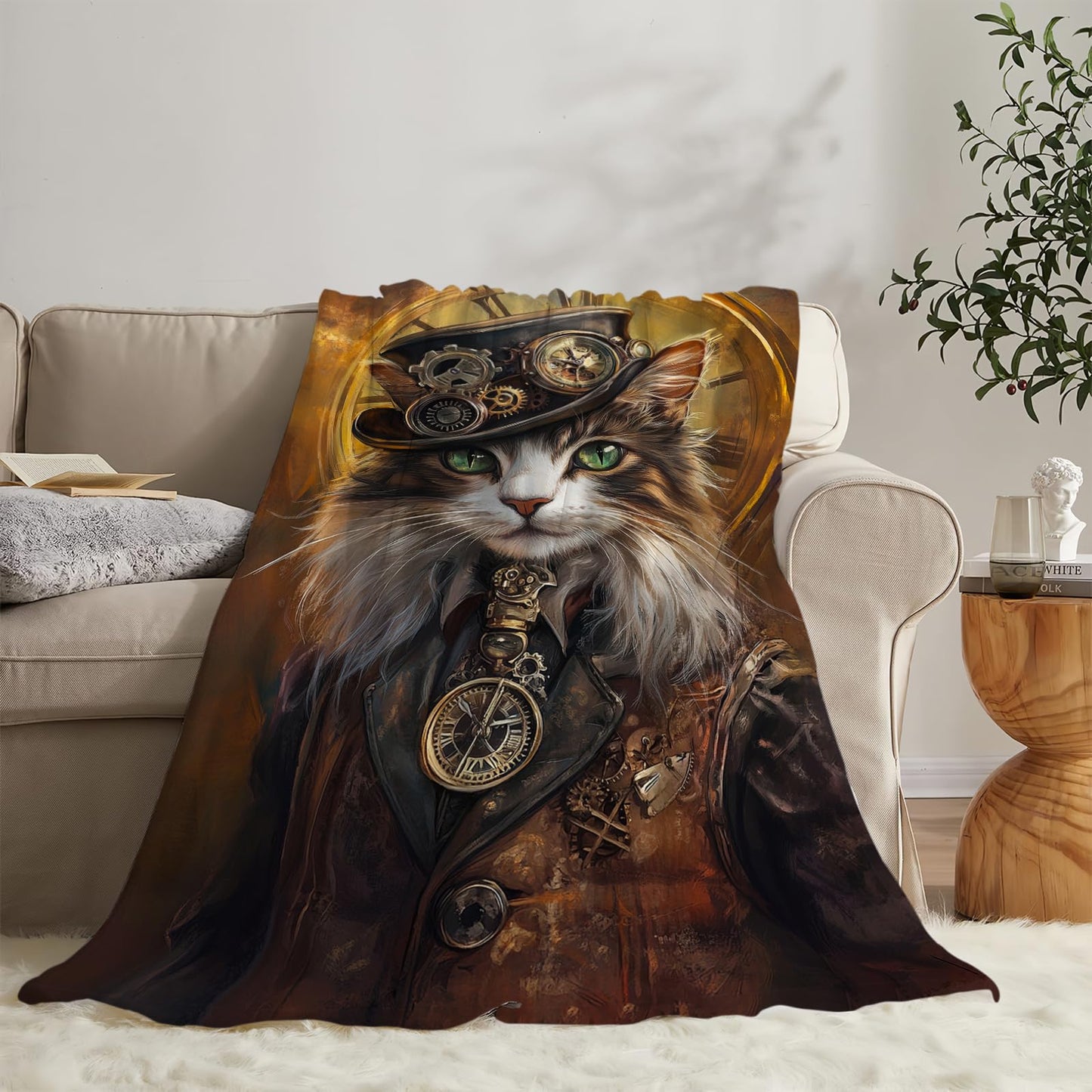 Cat Blanket, Steampunk Throw Blanket, Cats Gifts, Steampunk Blankets, Cats Stuff Fleece Flannel Plush for Women Men Boys Girls Lovers Adults Soft Bedding for Sofa Bed Office Home Decor 40"X50"