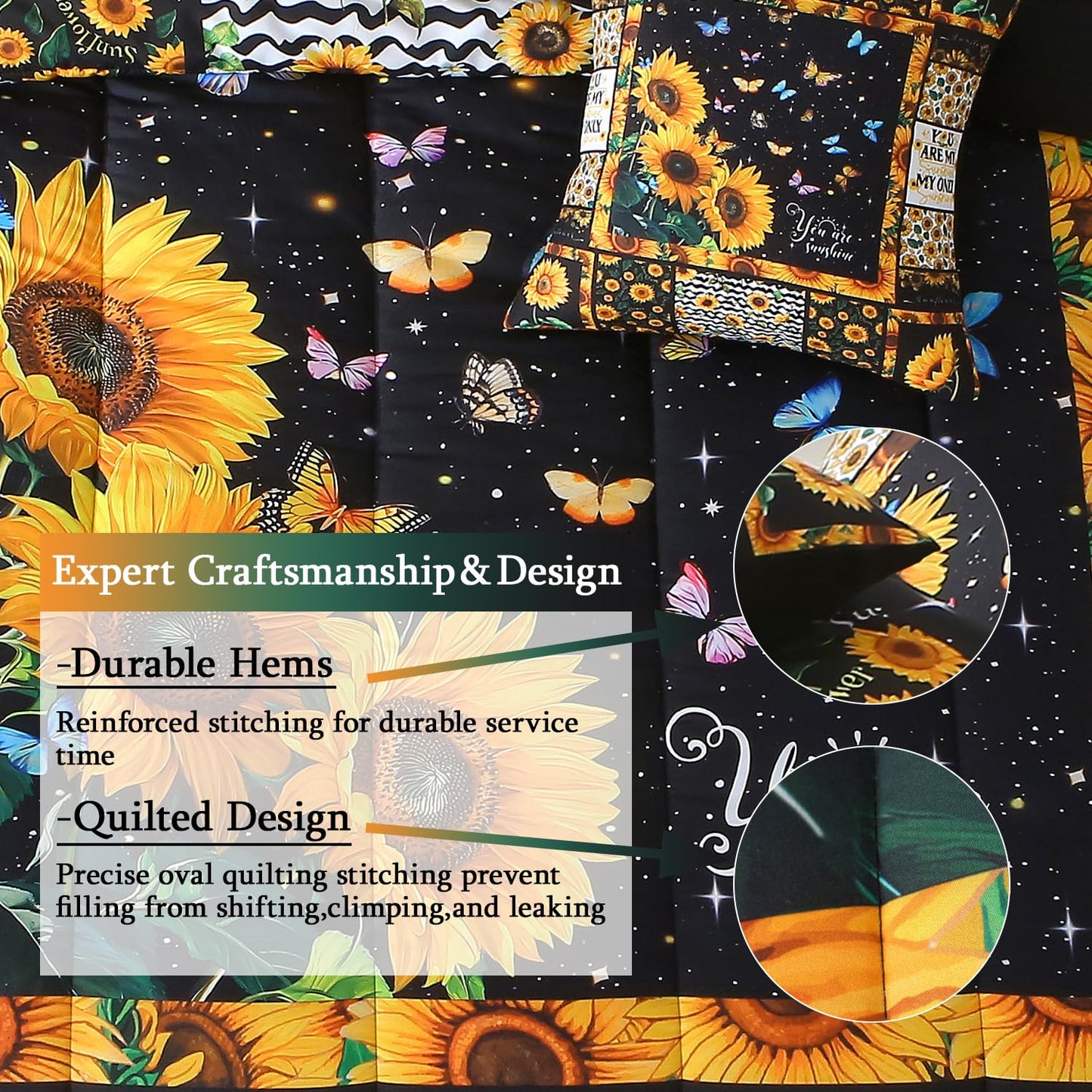 JQinHome Sunflower Comforter Set Twin for Girls Women,6 Piece Bed in A Bag 3D Black Sunflower Theme Butterfly Bedding Set with Sheet Set(Black)