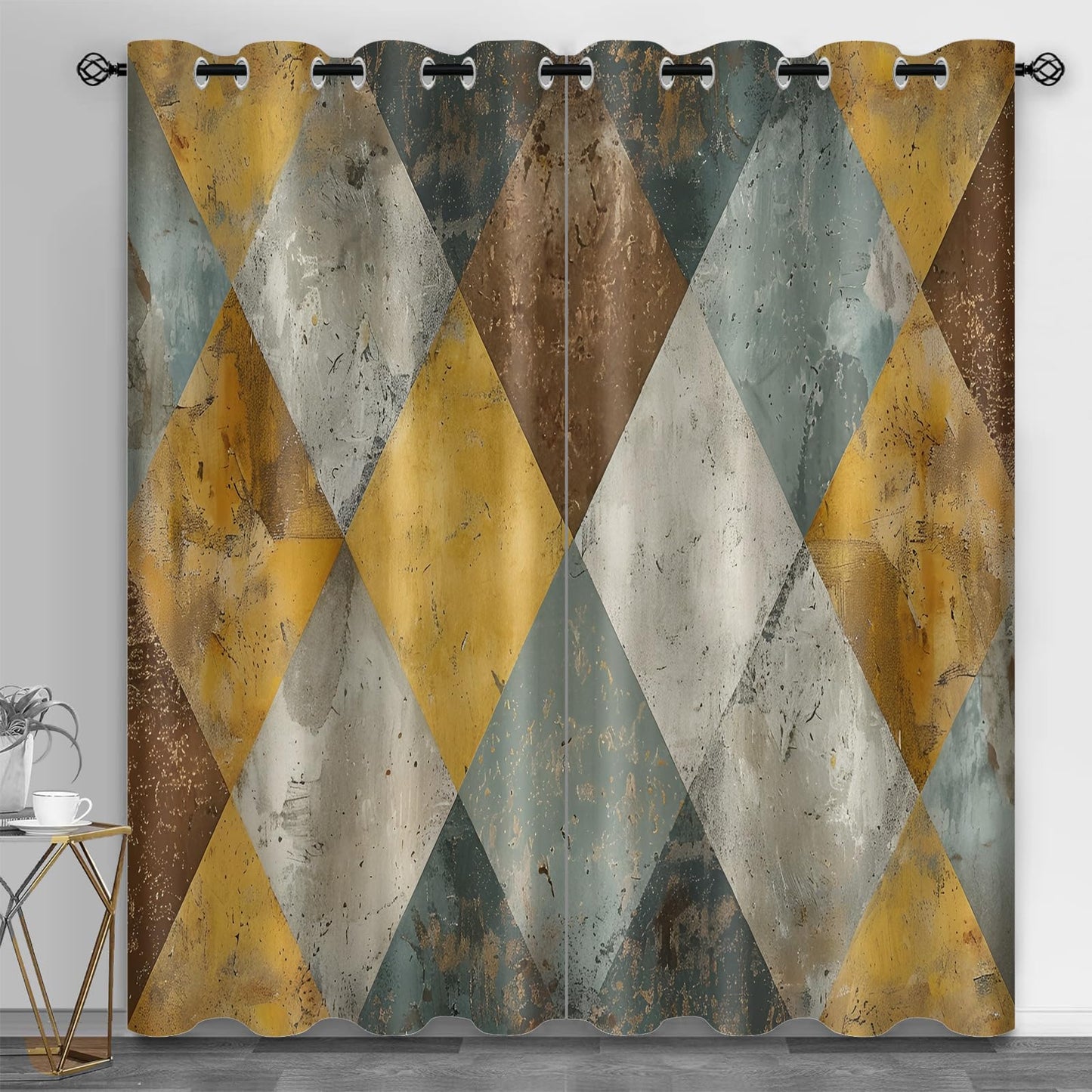 XAFIAUR Geometry Blackout Curtains, Rhombus Art Printed Drapes, Retro Geometry Thermal Insulated Drapes 2 Panels Darkening Window Curtain for Bedroom Living Room 31.5" W x 63" L x2