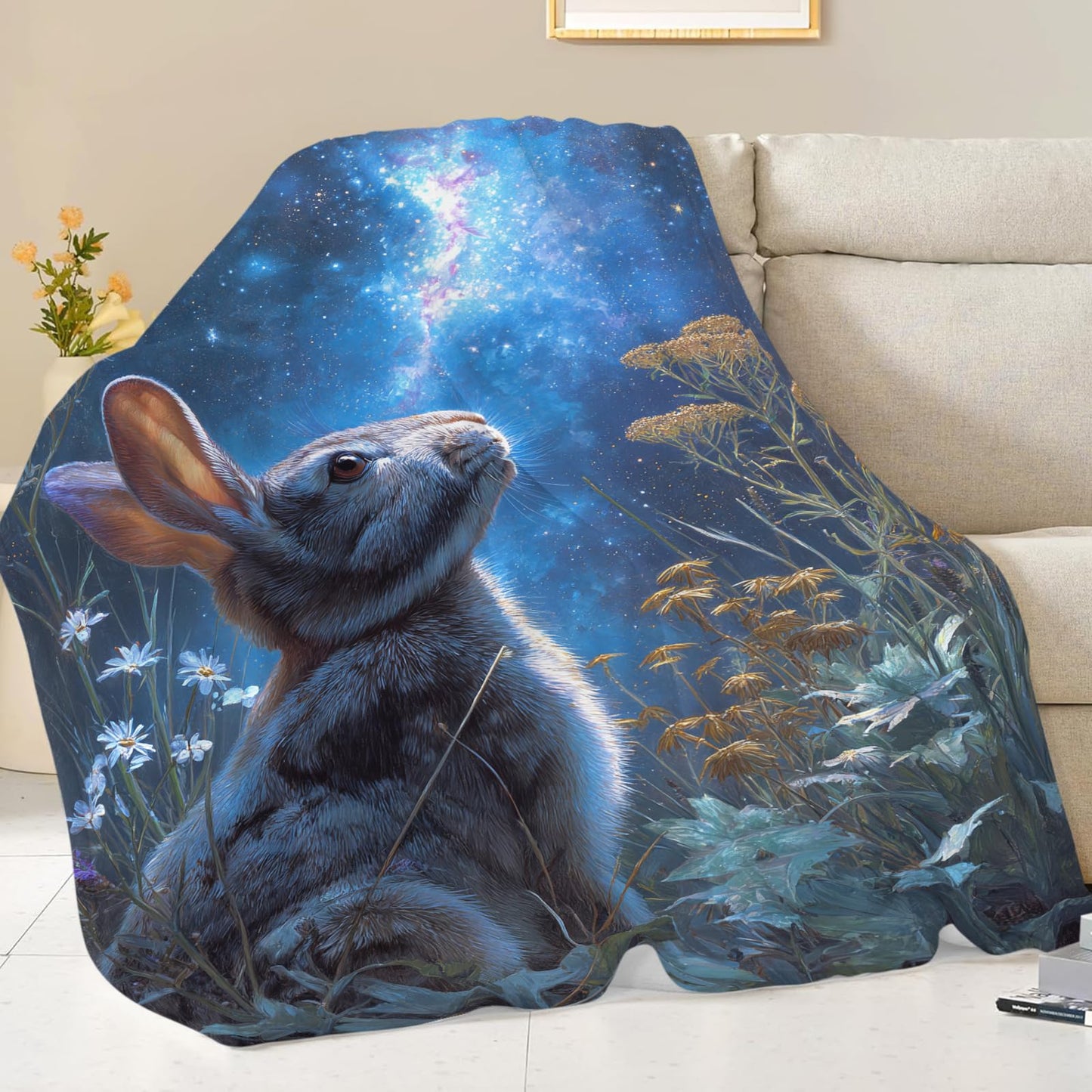 Rabbit Blanket Gifts for Girls Boys Galaxy Bunny Throw Blankets Cozy Plush Fleece Flannel Fuzzy for Women Men Decor 50"X40"