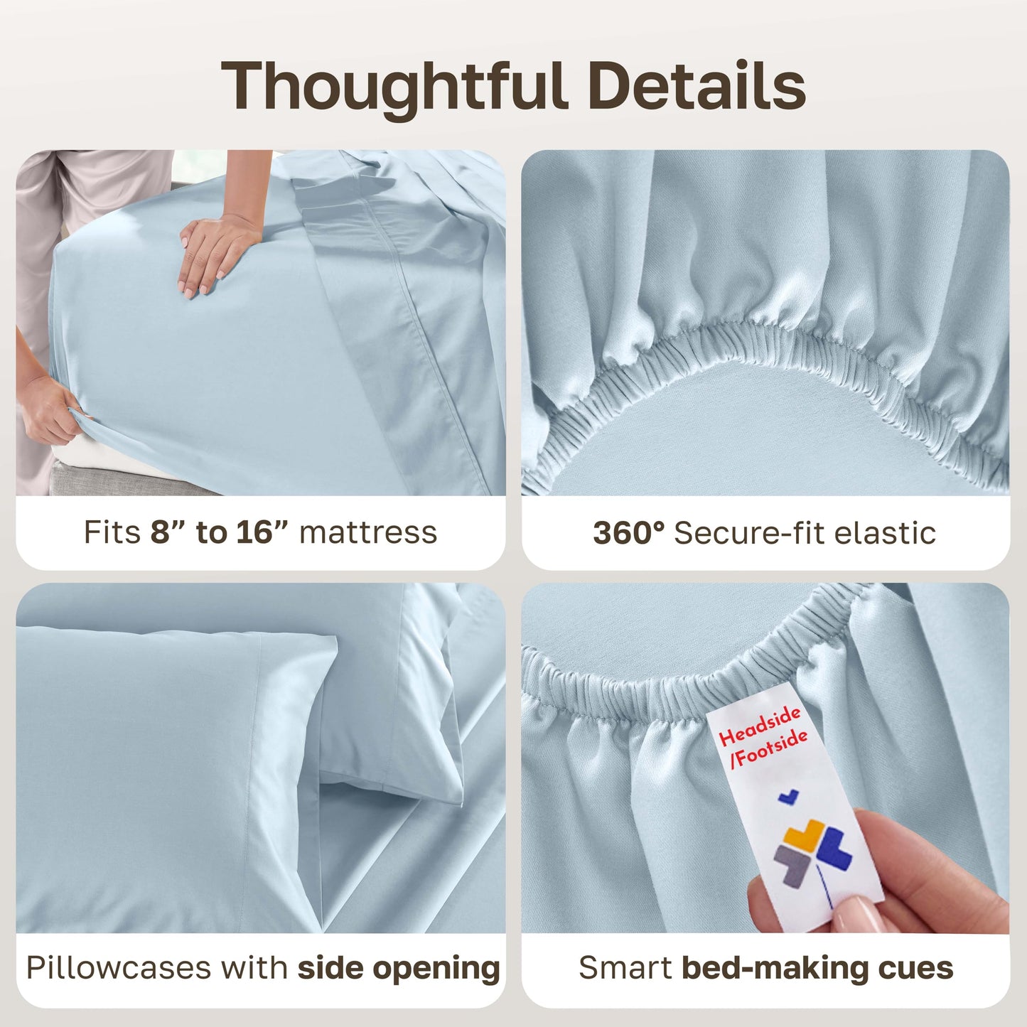 California Design Den - Queen Cotton Sheet Set, Soft 100% Cotton Sheets Deep Pockets Set, Snug Fit Elastic, 500 Thread Count Sateen, Sheet Sets for Bed - Blue (Grey Tone)