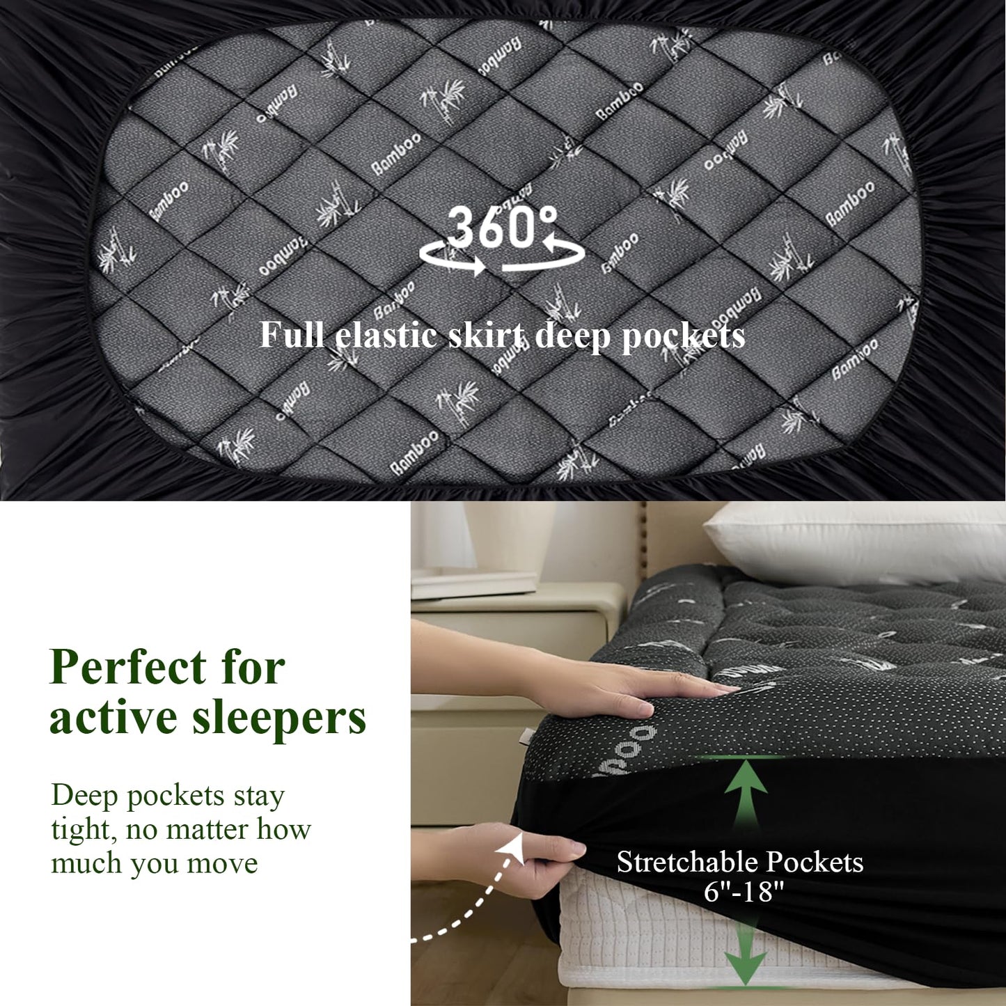 Full Size Mattress Topper, Viscose Derived from Bamboo, Thick Pillow Top Mattress Pad with Deep Pocket Fits 6-18 inches, Cooling for Hot Sleepers, Soft for Back Pain Relief, Premium Dark Grey