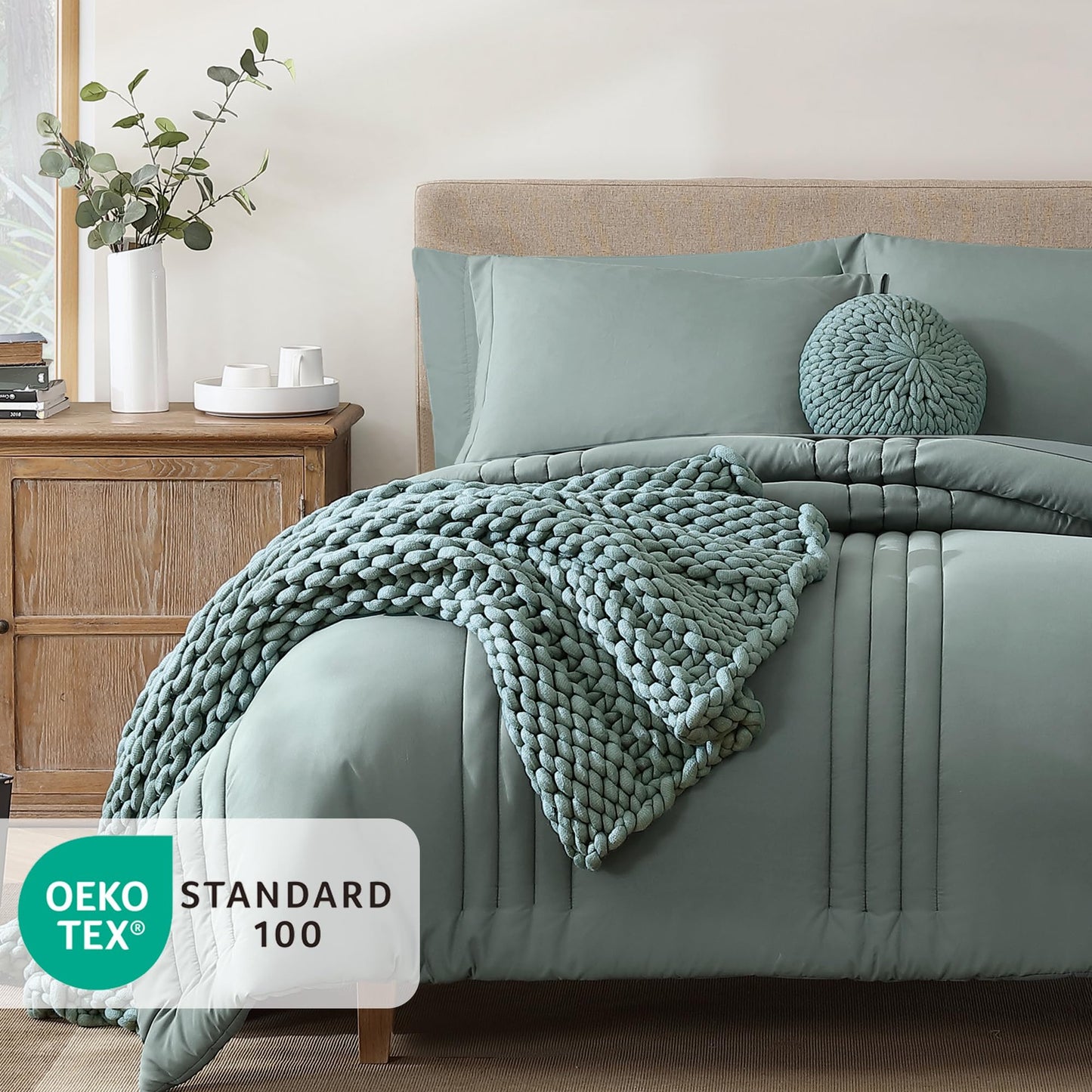 Monbix Queen Comforter Set - 7 Pieces Sage Green Bed in a Bag Queen Bedding Sets with Comforters, All Seasons Comforter Bed Set with Sheets,Pillowcases & Shams