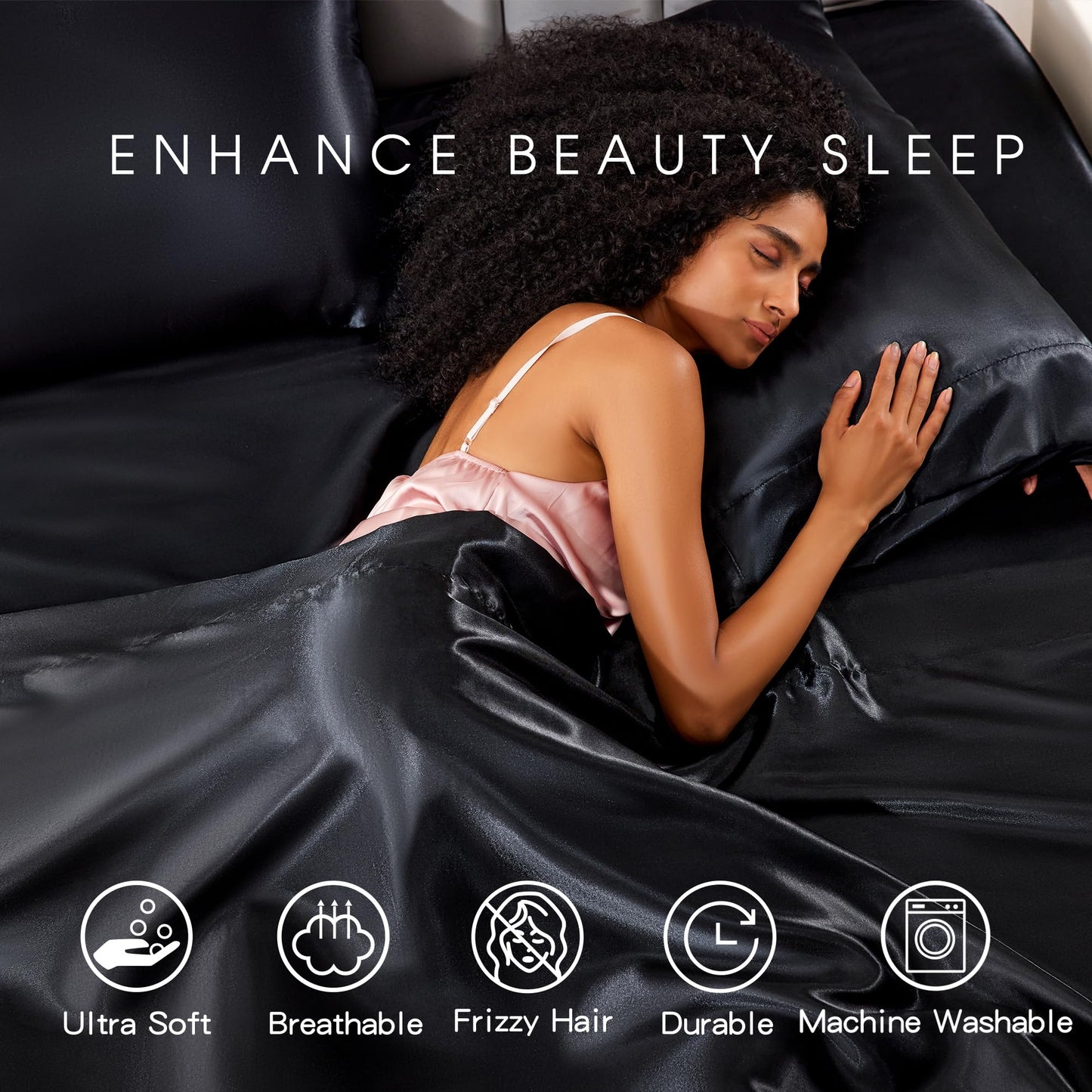 FreshCulture Satin Sheets Full Size - 4 Piece Luxury Soft Silky Full Size Bed Sheets, Similar to Silk Bed Sheet Set with 1 Deep Pocket Fitted Sheet, 1 Flat Sheet & 2 Pillowcases (Black)