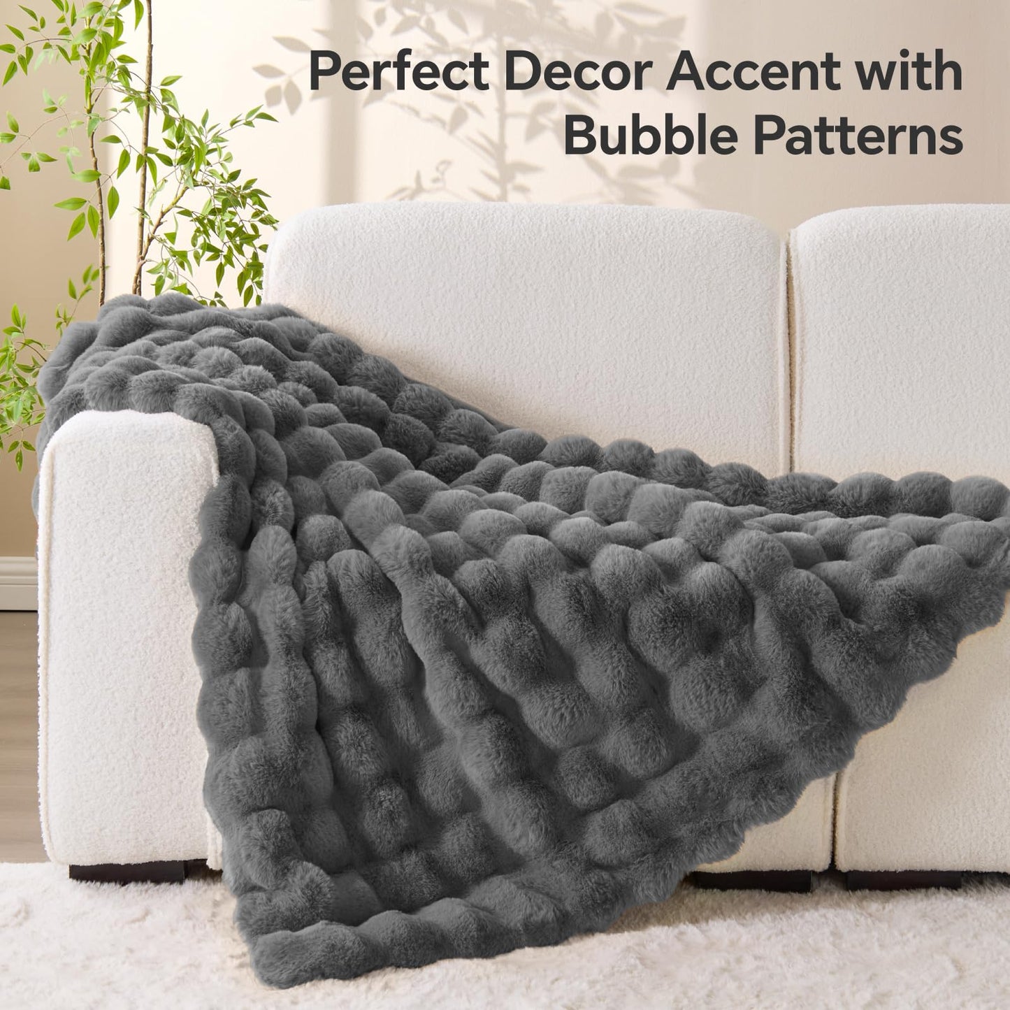 BEDELITE Faux Fur Throw Blanket, Soft Cozy Plush Dark Grey Bubble Blanket for Couch Sofa Bedroom Living Room Decor - 870GSM Thick Warm Fuzzy Fluffy Faux Rabbit Fur Blanket, 50x60 Inches