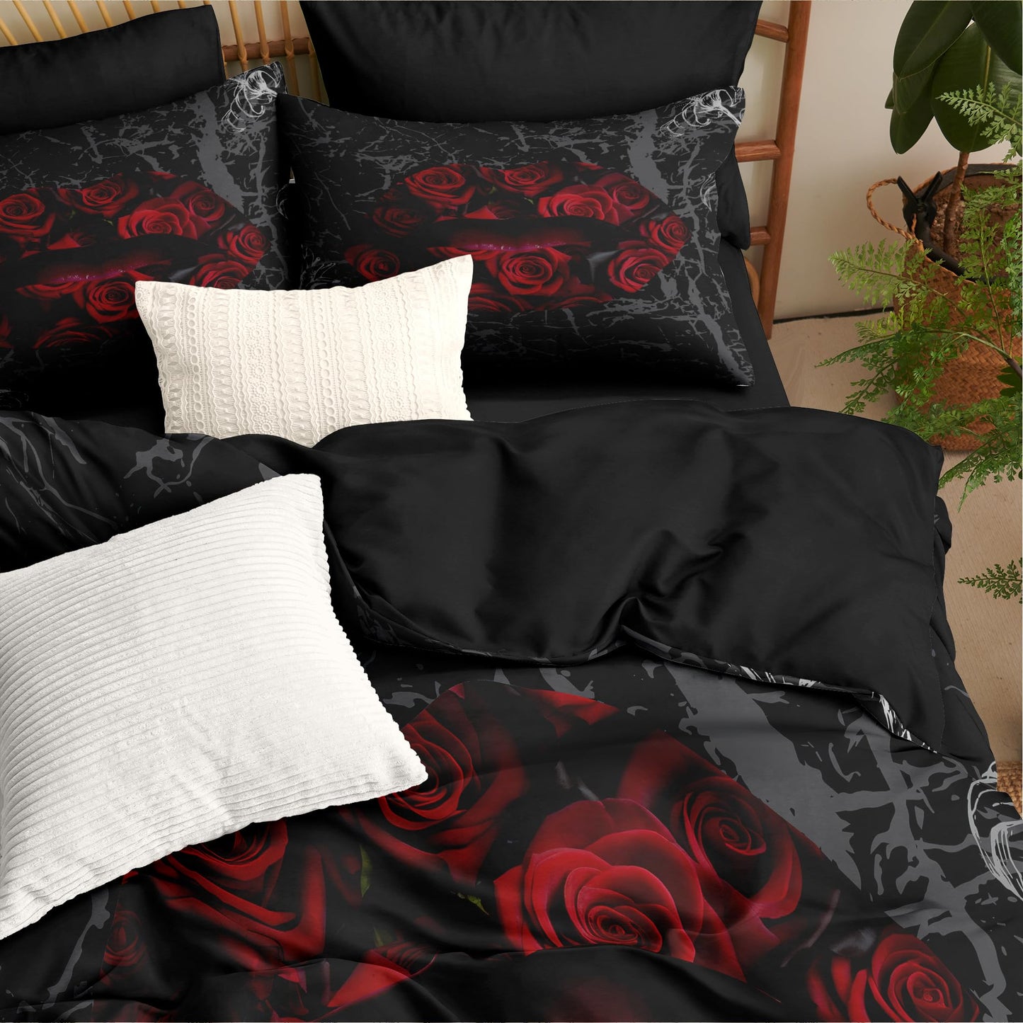 CCoutueChen Black Red Rose Lips Comforter Set Queen Size 3 Pieces, Gothic Floral Bedding Set, Dark Romantic Red Rose Print Comforter, Soft Microfiber All Season Bedroom Decor with 2 Pillow Shams