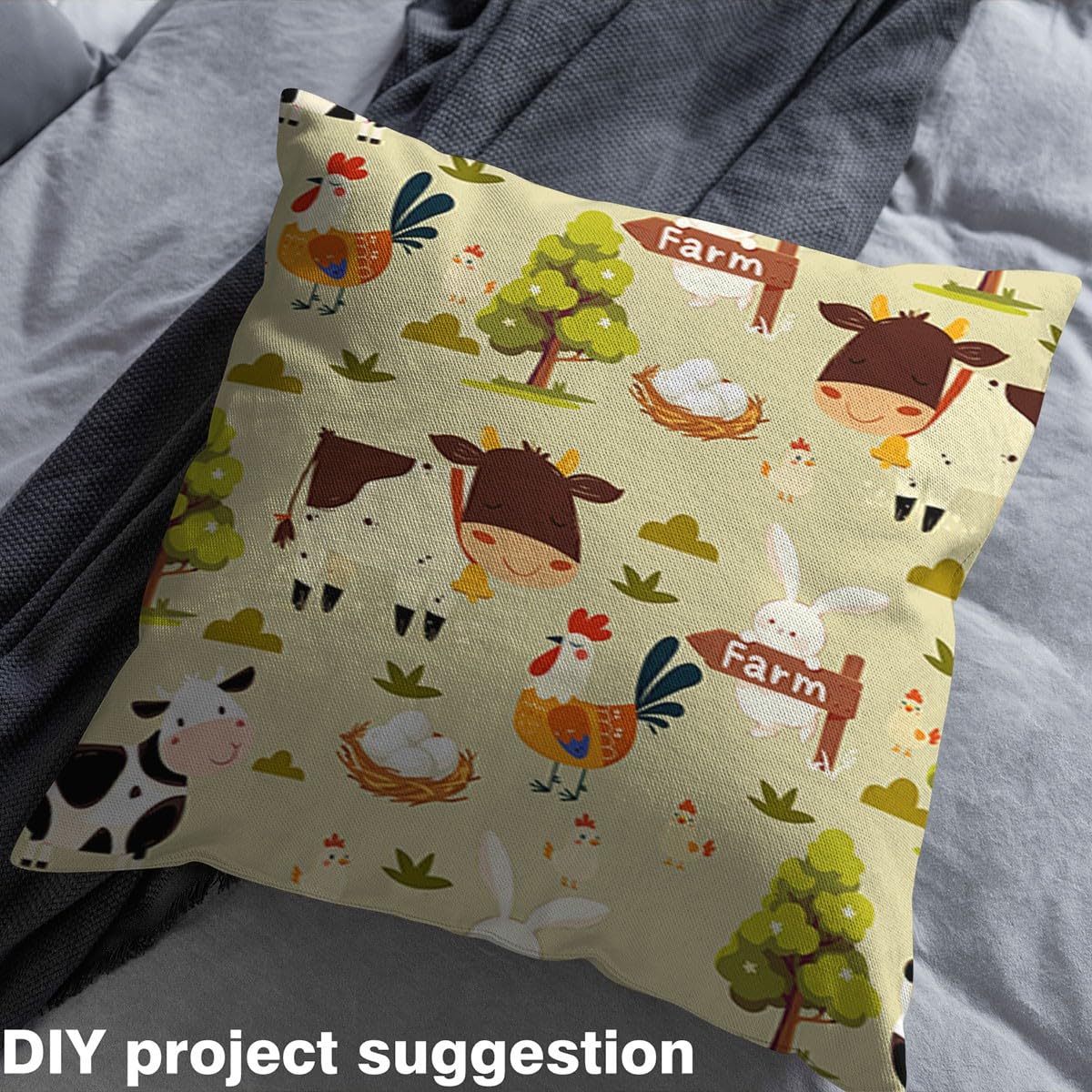 Cartoon Cow Fabric by The Yard Cute Chicken Rabbit Farm Animals No Stretch Sewing Fabric Watercolor Green Trees Rustic Farmhouse Soft Flannel Polyester Fabric for DIY Projects 1 Yard Pre-Cut,36x59