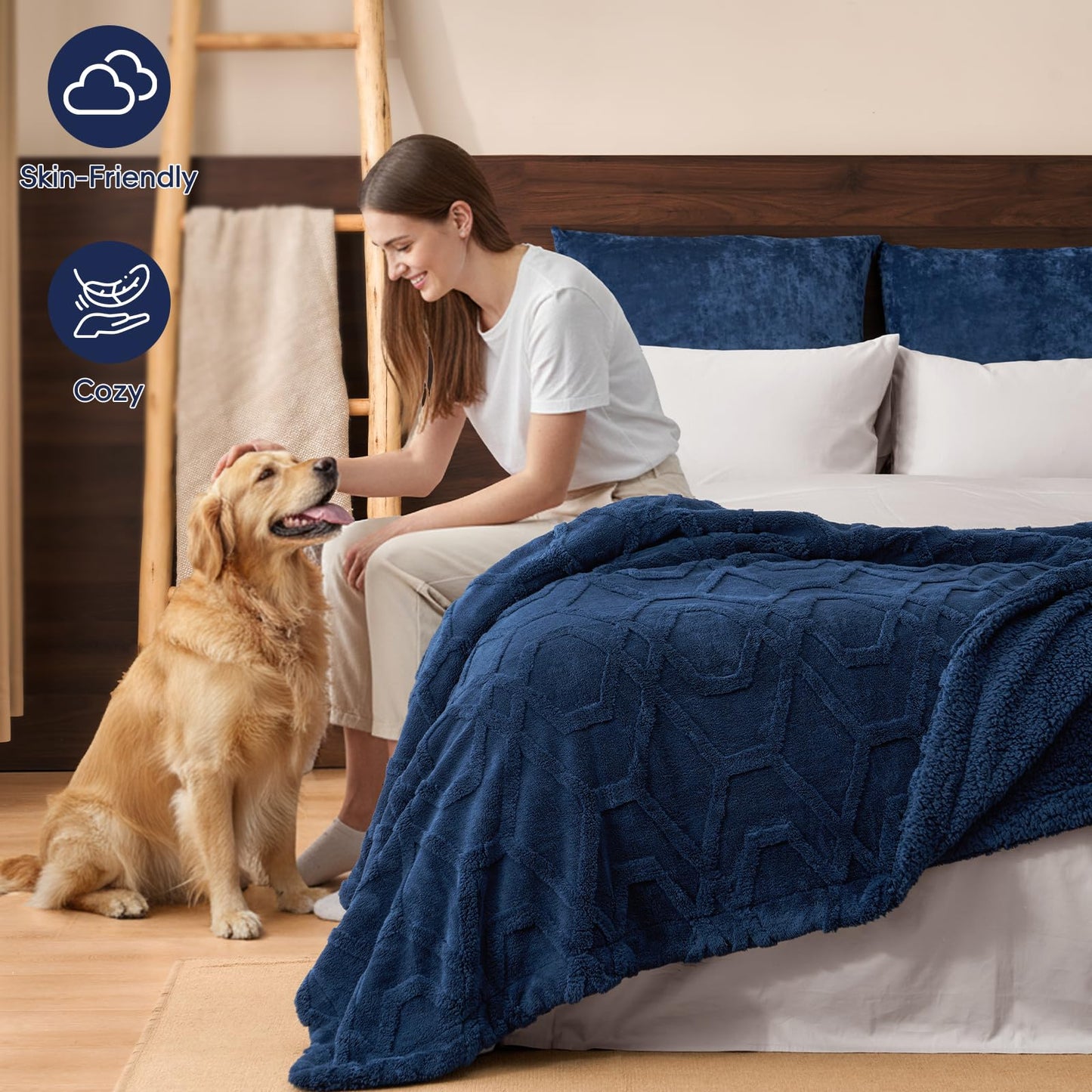 PHF Fluffy Sherpa Fleece Blanket Queen Size for Winter, Warm and Cozy, 510GSM 3D Tufted Shaggy Fleece Blanket for Sofa Bed, Navy Blue, 90"x90"