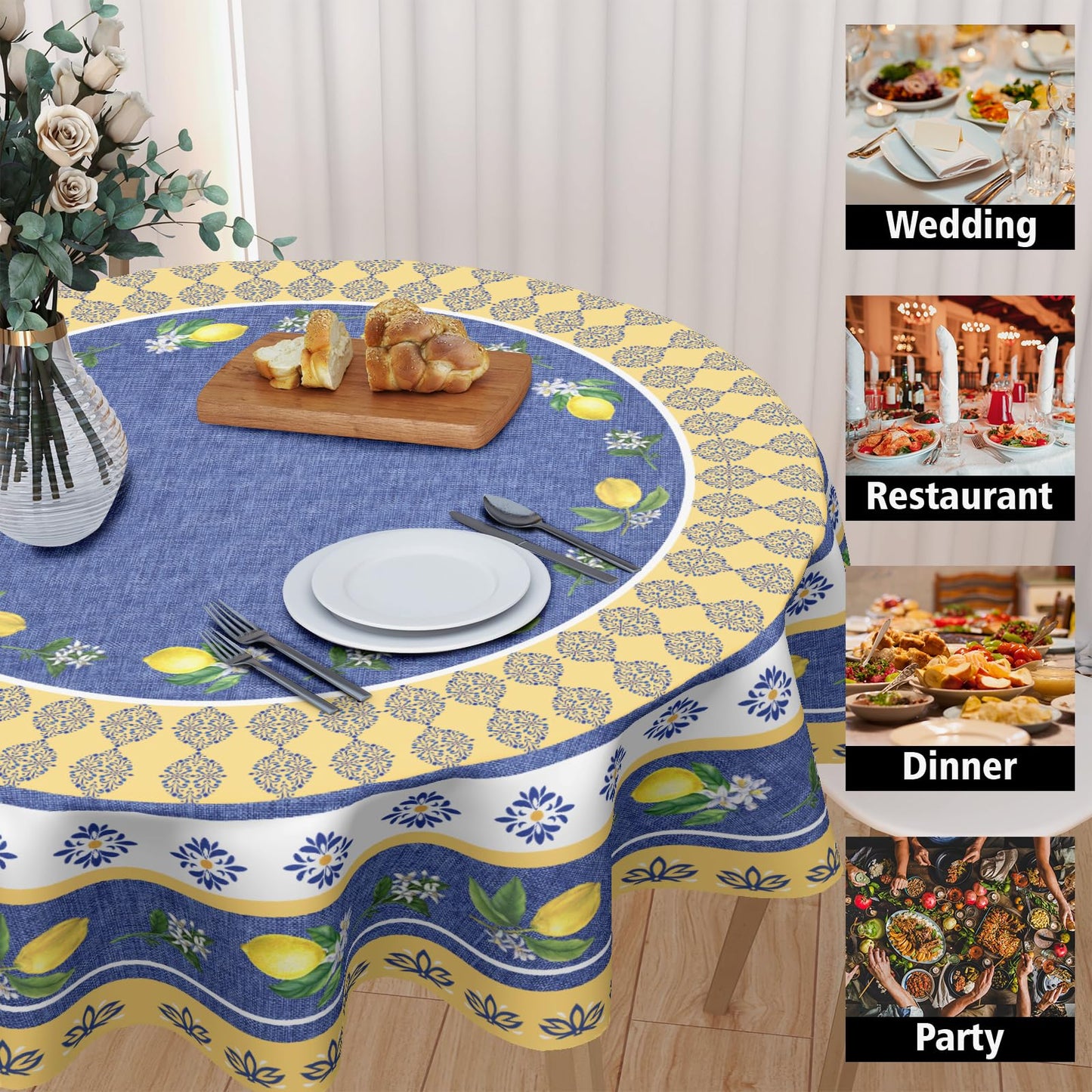 Kawani Lemon Round Tablecloth 70 Inch Blue Yellow French Country Style Fruit Floral Print Table Cloth Rustic Farmhouse Table Cover for Kitchen Dining Room Party Home Decor