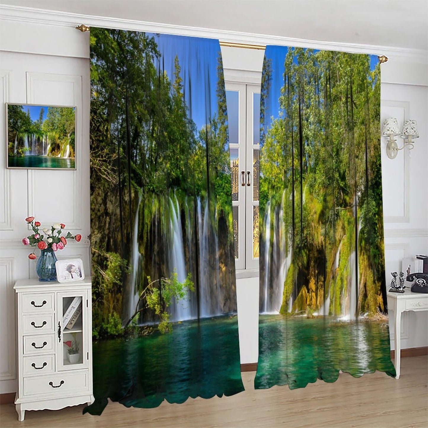 Scenic Nature Blackout Curtain,Natural Falls Landscape Forest Tree Waterfall Scenery Drapes,Rod Pocket Window Treatments 2 Panels Curtains for Kitchen Bedroom Living Room Office Deocr 42"W X 45"L