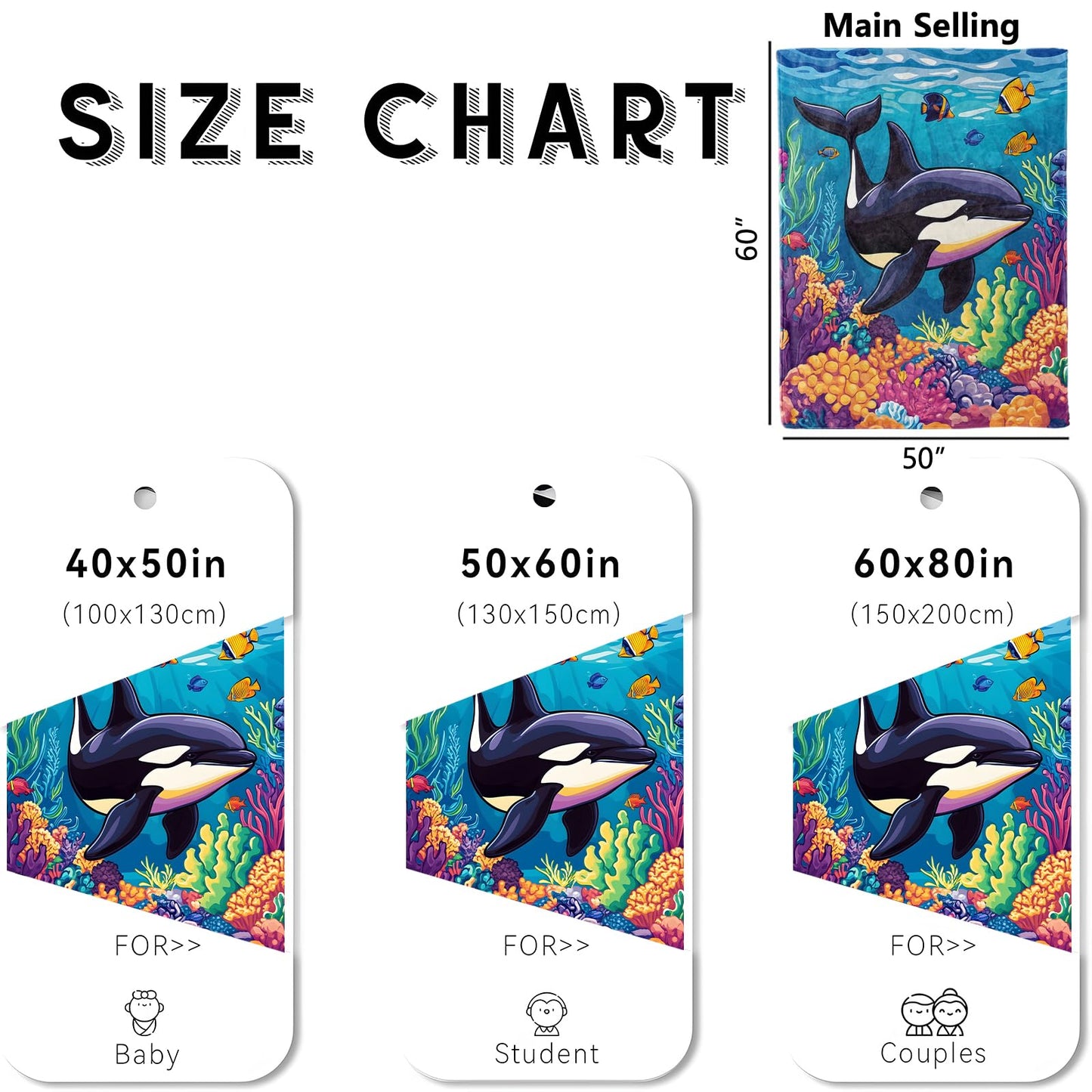 wyxdwh Playful Killer Whale Blanket, Cozy Flannel Fun Orca Throw Blanket for Couch Outdoor, Plush Soft Lightweight Travel Marine Life Blankets for Bed Decor and Gifts, for Women Kids Adults 50"x60"