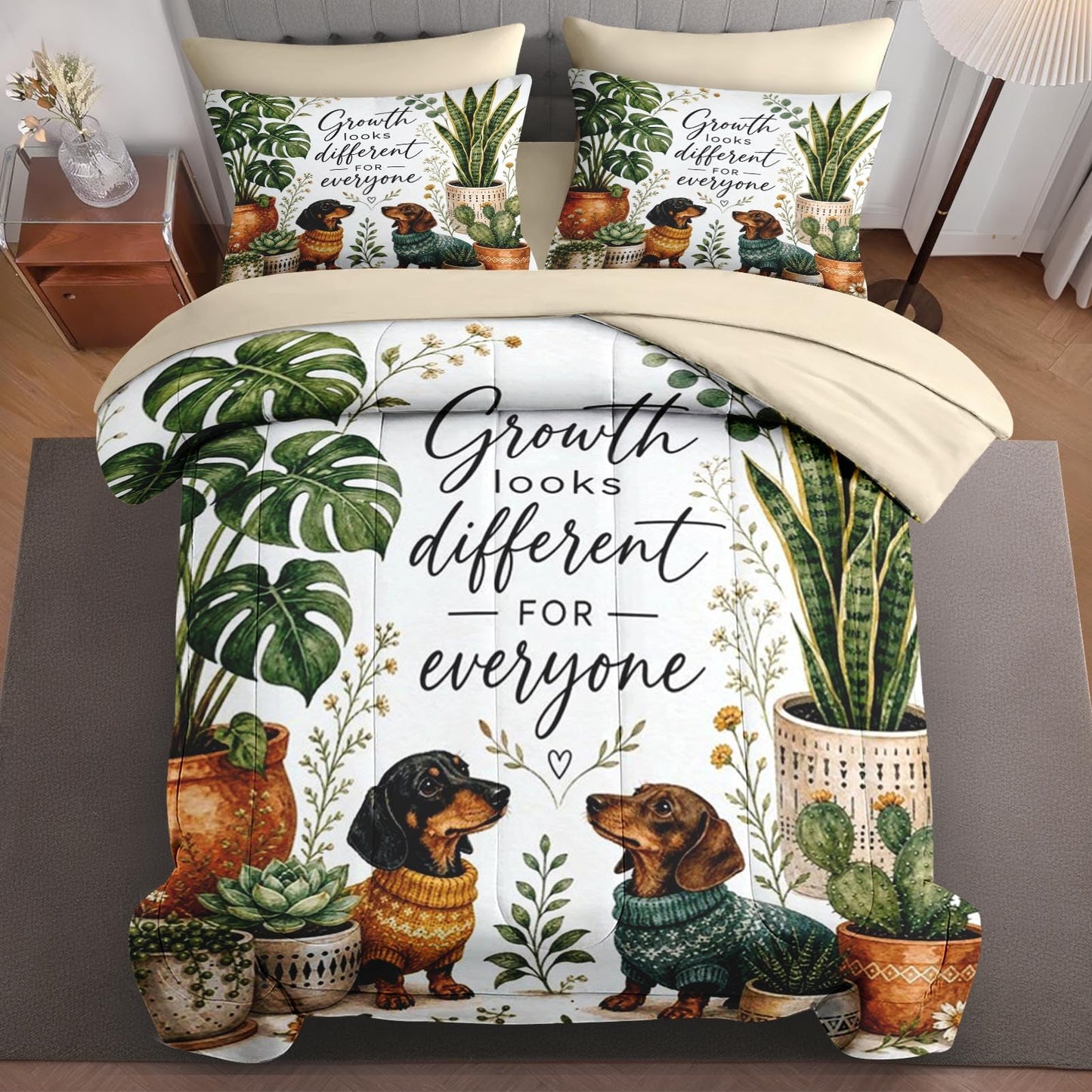 Boewywh Comforter Set Twin Size Dachshund Plant Inspirational 7 Pcs, Bedding for Kids and Adults, Bed Sheet Sets with Fitted Sheet 2 Pillowcases & 2 Shams for Bedroom Bed Decor