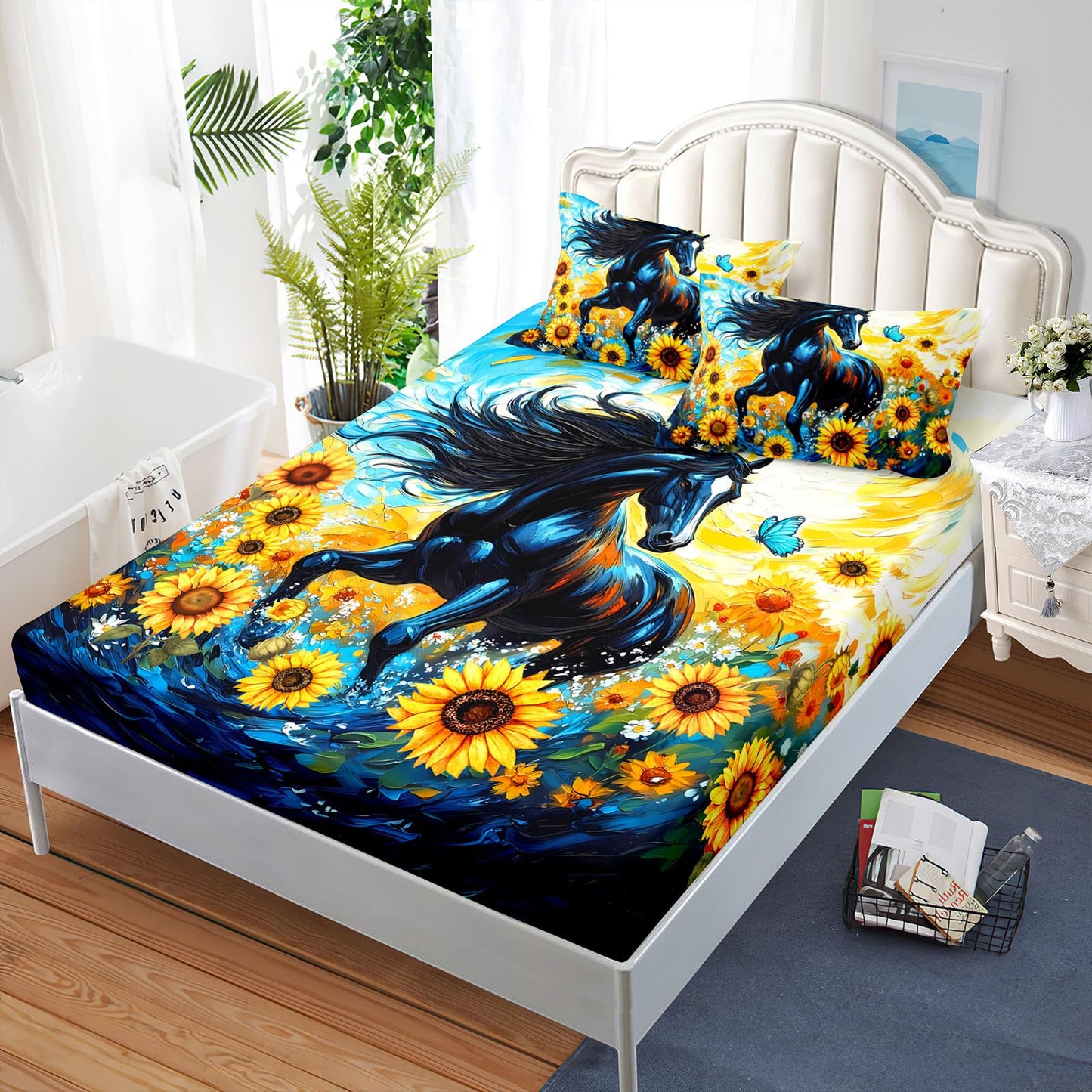 AILONEN Galloping Horse Bedding Sets for Kids Teens,Yellow Sunflower Floral Bed Sheets Set, Queen Size,Wildlife Animal Theme Fitted Sheet Set,1 Deep Pocket + 2 Pillowcase,Soft Breathable