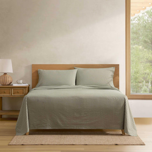 Eddie Bauer - Twin Size Sheet Set, Cotton Percale Bedding with Deep Pocket Fitted Sheet, Bed Sheets with Matching Pillowcase, Alpha Stripe Green