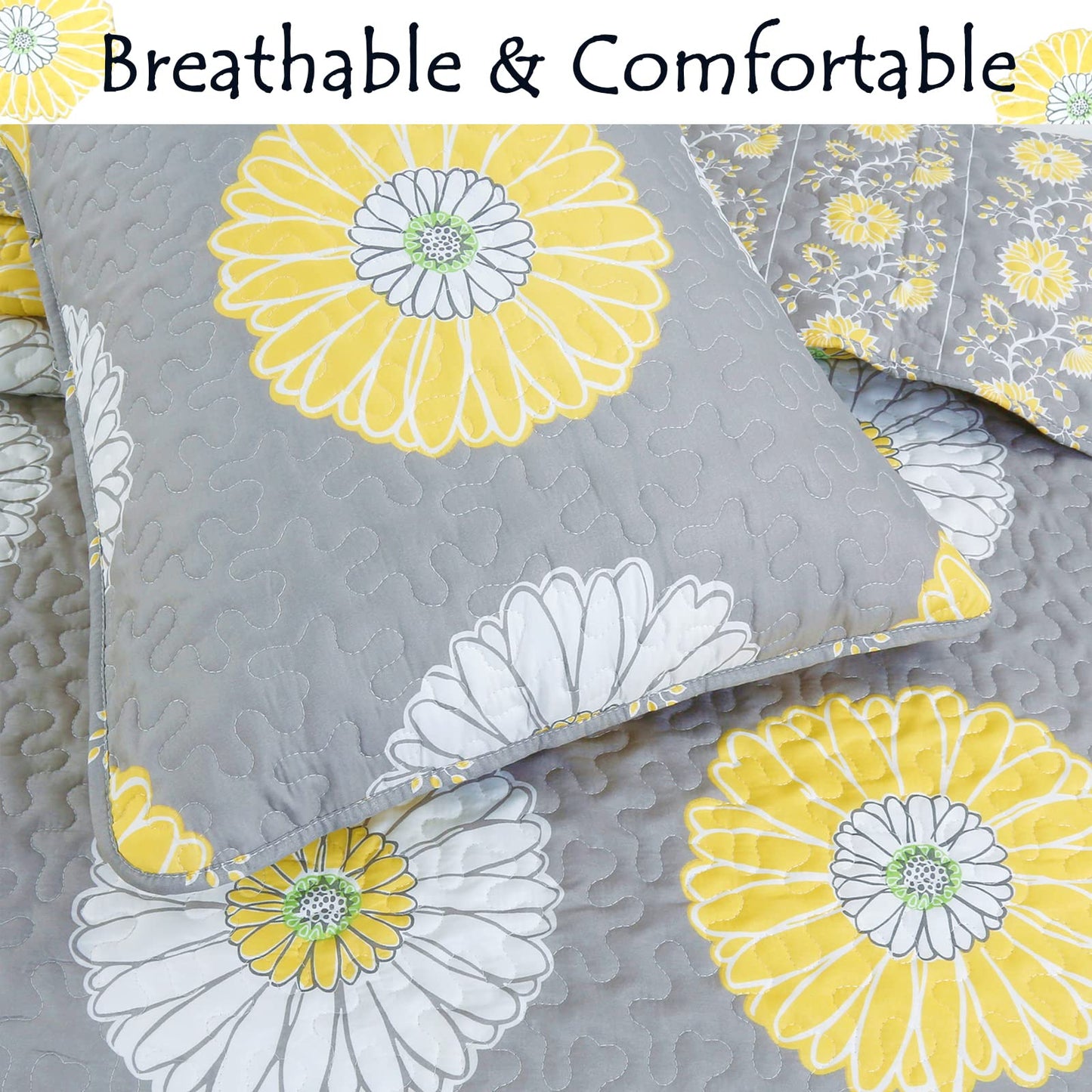 Cozy Line Home Fashions Yellow White Gray Daisy Sunflower Floral Reversible Quilt Bedding Set, Bedspread, Coverlet Lightweight for All Seasons (Sunflower, King - 3 Piece)