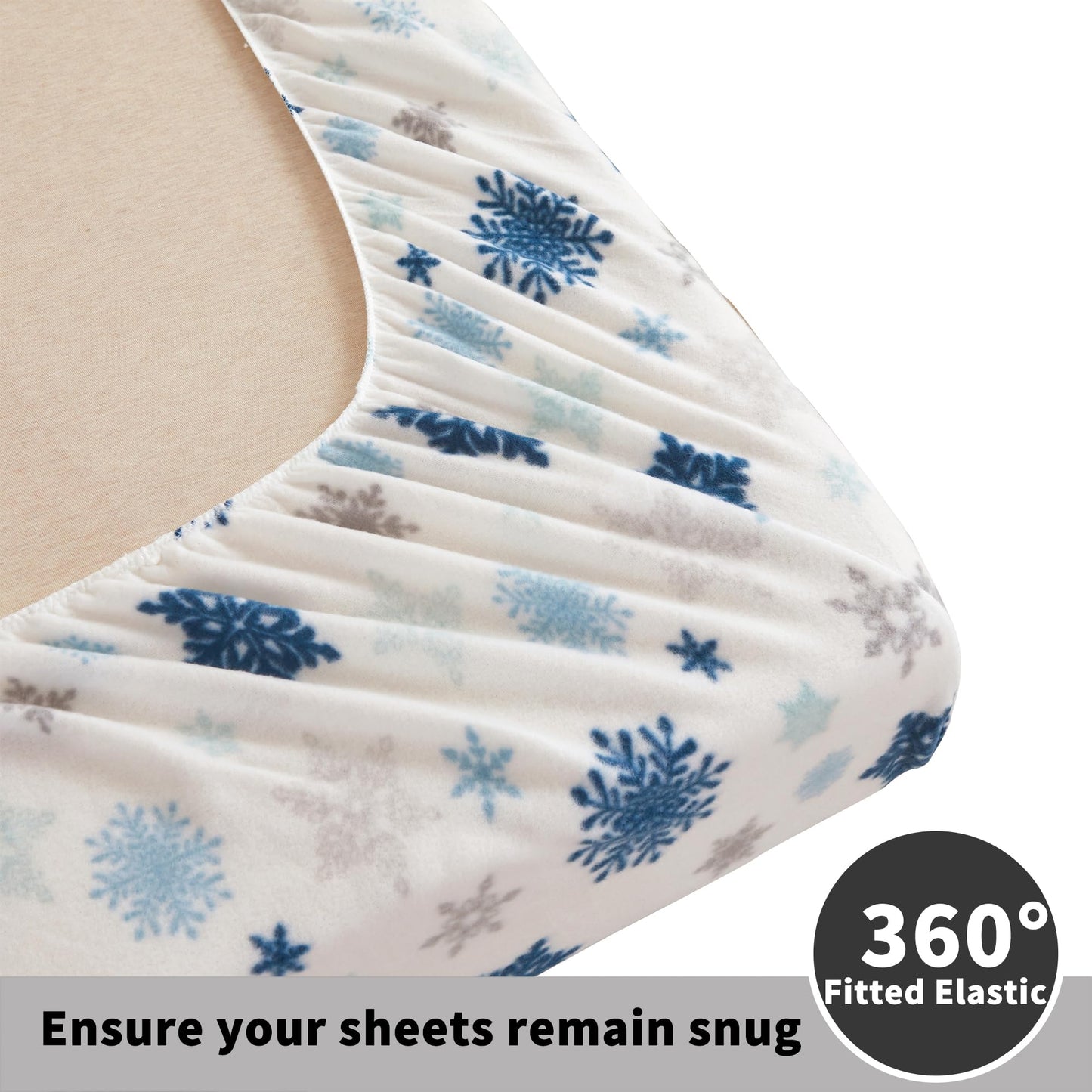 Viviland Microfleece Full Bed Sheet Set, Christmas Holiday Flannel-Like Fleece Fitted Sheets with 15" Deep Pocket, Snowflake Printed Winter Velour Velvet Double Sheets & Pillowcase Set