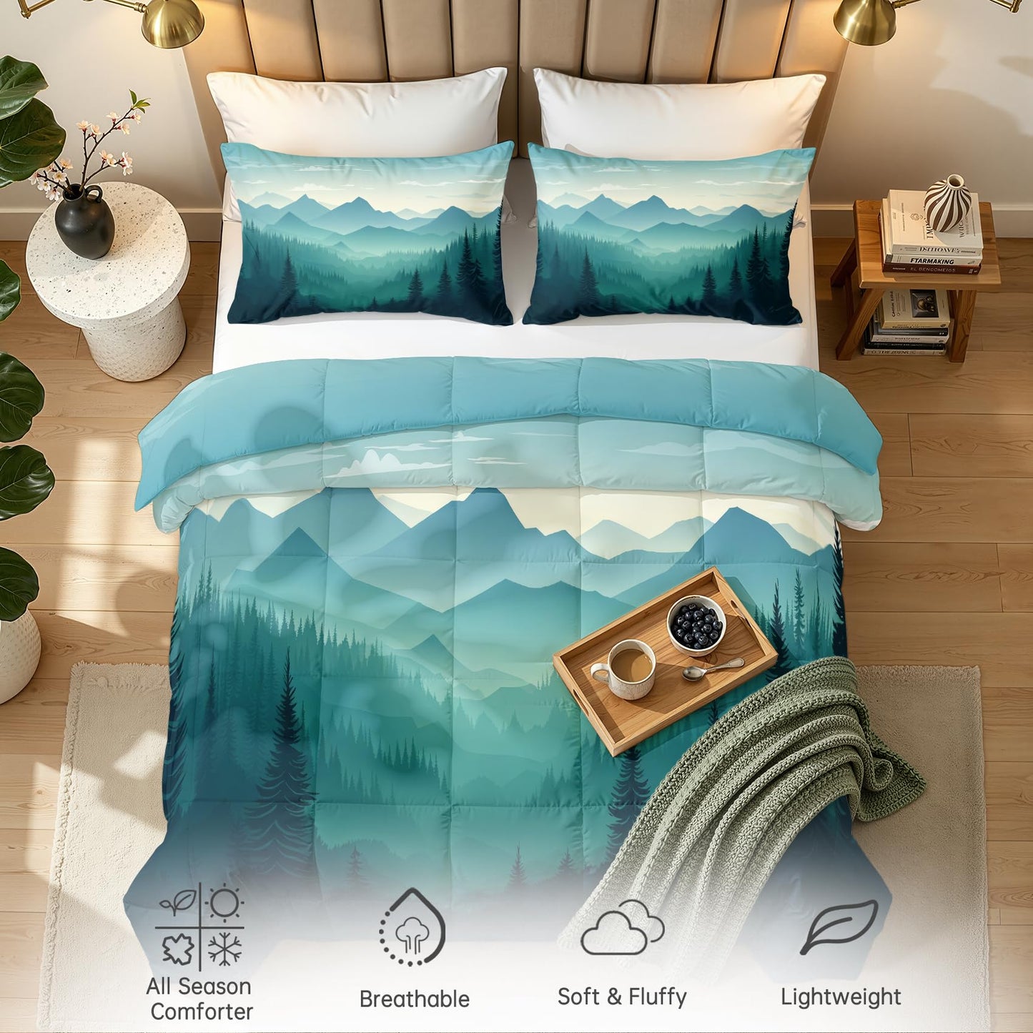 Misty Forest Comforter Set Queen Size 3 Pcs - All Season Duvet Insert & 2 Pillowcases, Mountain Bedding Set, Soft Lightweight Down Alternative Comforter, Landscape Bedroom Decor
