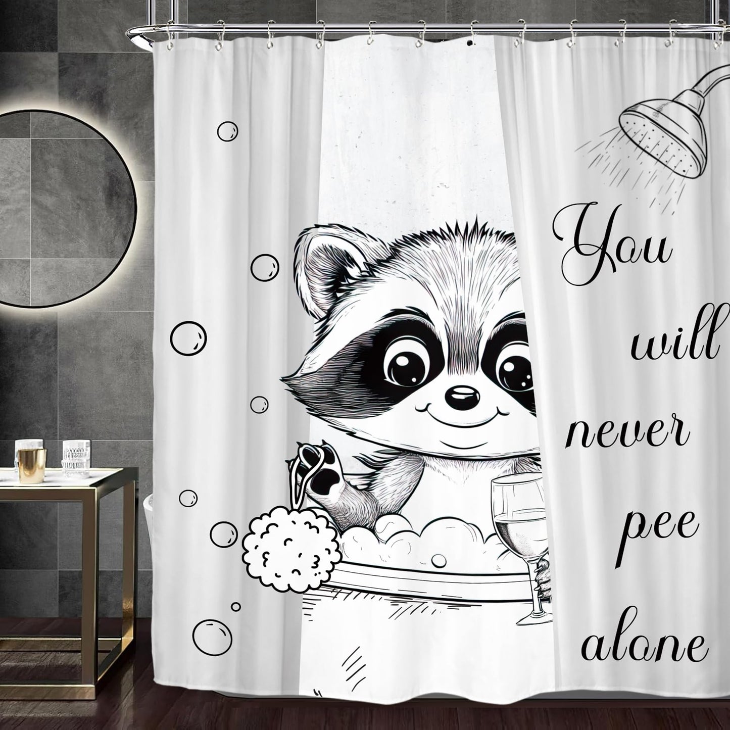 Miyotaa Funny Raccoon Animal Shower Curtain Set 60Wx71H Inches Hilarious Black White Kids Cute Interesting Waterproof Bathroom Curtain with 12 Hooks