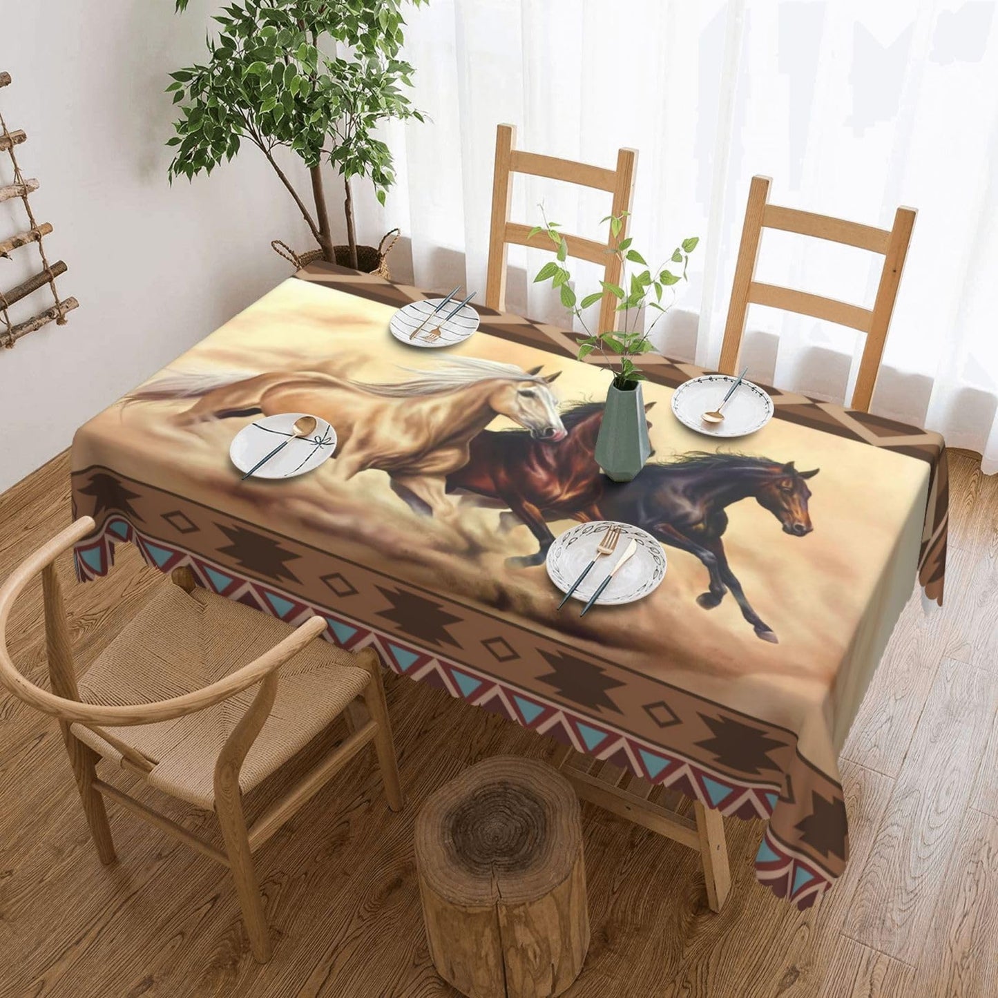 CEVIOLINRE Western Horse Table Clothes Azetc Boho Ethnic Style Tablecloth Polyester Native American Brown Horse Table Cover for Rectangle Table Party Picnic Dinner Decor 54X72inches