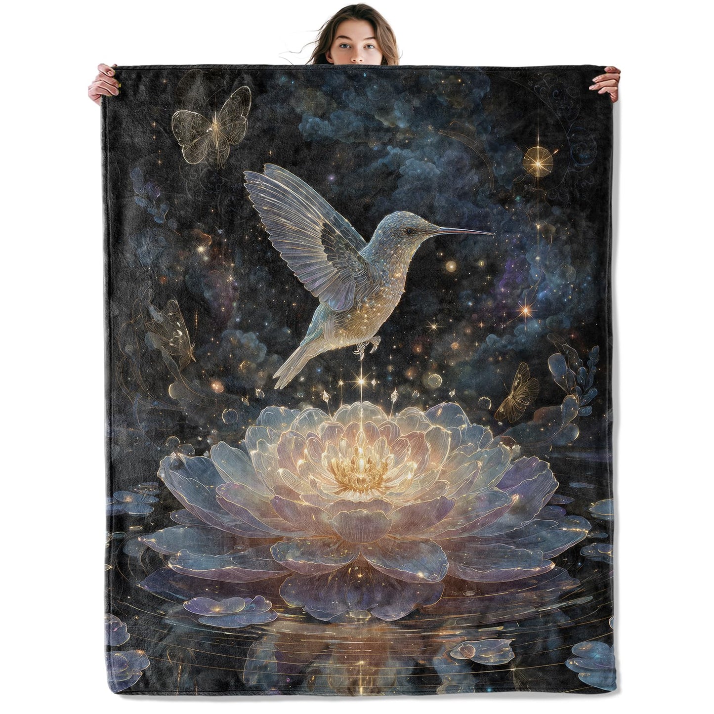 SOMEKLLY Bird Hummingbird Throw Blanket Soft Cozy Lightweight Flannel Blankets with Glowing Lotus Flower Night Sky Background Printed for Nature Lovers Bedroom Dorm Office Home Decor Gifts 50x60 Inch