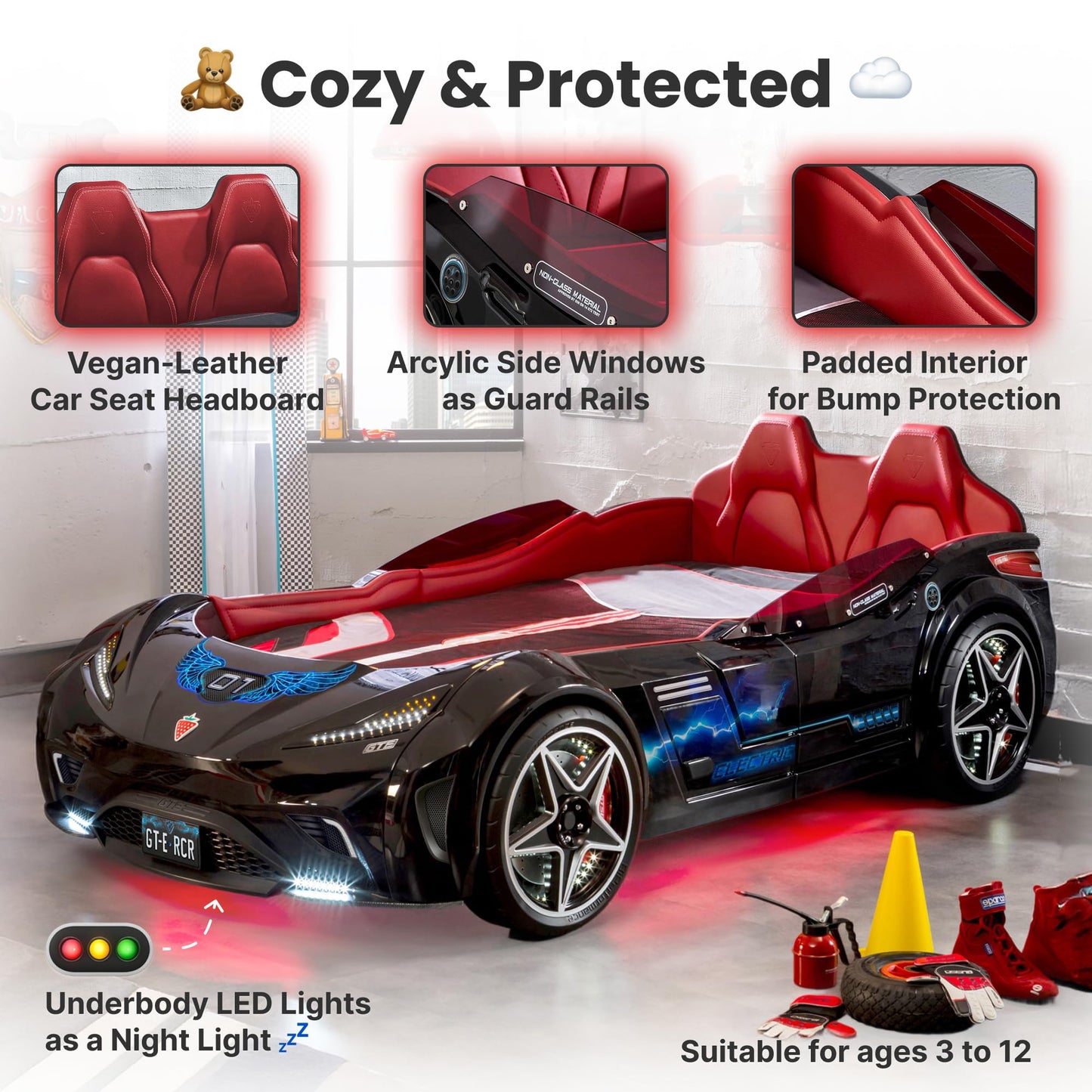 Cilek GTS EV Twin Race Car Bed for Boys with Remote Control, LED Lights & Sounds, Vegan Leather Headboard, Guardrails, Non-Toxic, Fits Twin Mattress, 250 lbs. Capacity, Suitable for ages 3-12, Black