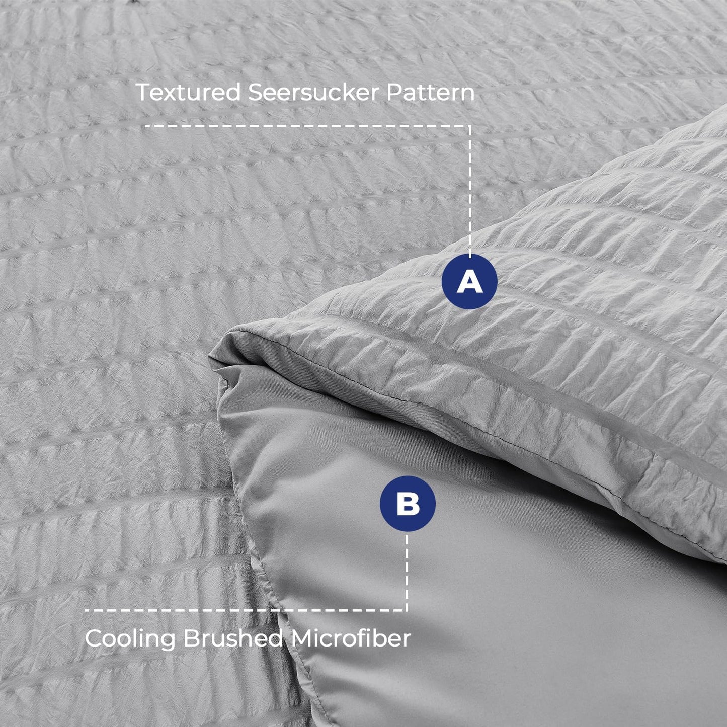 HYMOKEGE Light Grey Duvet Cover Queen Size, Ultra Soft 3-Piece Seersucker Duvet Cover Set with Zipper Closure, Soft Brushed Microfiber Bedding Set with 8 Corner Ties (90"x90", 2 Pillowshams)