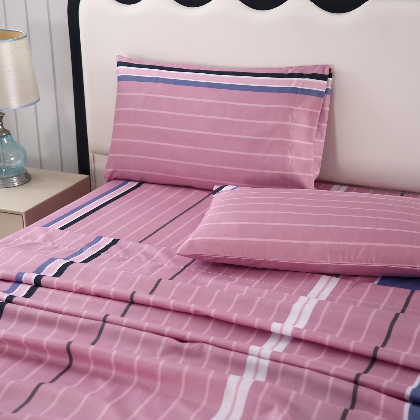 SDIII 4 Pieces Pink Striped Twin Sheets Set, Soft Microfiber Striped Sheets Twin Size Deep Pocket, Hot Pink Stripe Bed Sheet Set All Season