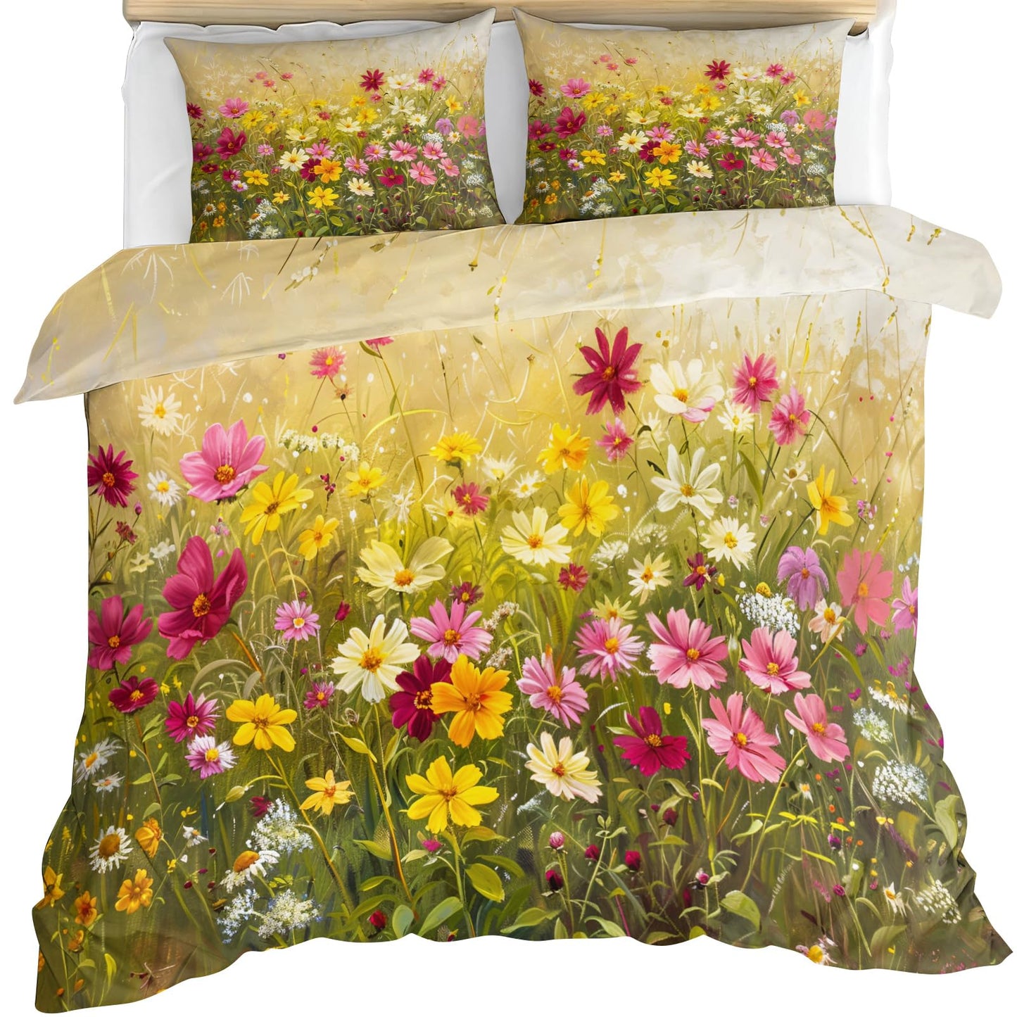 QINYUN Floral Comforter Set Oversized King, Vibrant Floral Bedding Set 3 Piece, Spring Wildflower Duvet Cover with Zipper & Ties, 2 Pillowcases