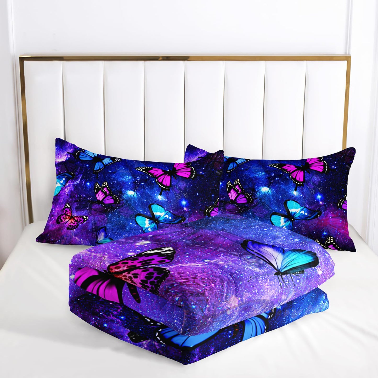 Nttopship Twin Size Galaxy Starry Sky Bedding Set, Violet Butterfly Comforter Set with 1 Comforter and 2 Pillowcases