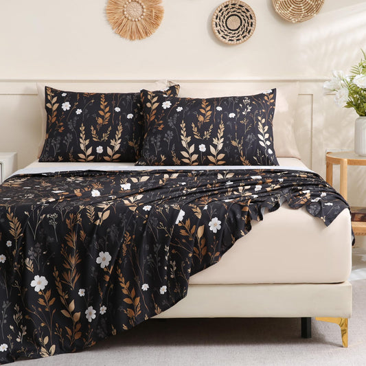 Botanical 6-Piece Queen Bed Sheets Set, Boho Floral Print Brushed Microfiber Sheets, Cooling Bed Sheet Set, Ultra Soft & Breathable, 16' Deep Pocket Fitted Sheet & Pillowcase Set, Beige Brown Leaves