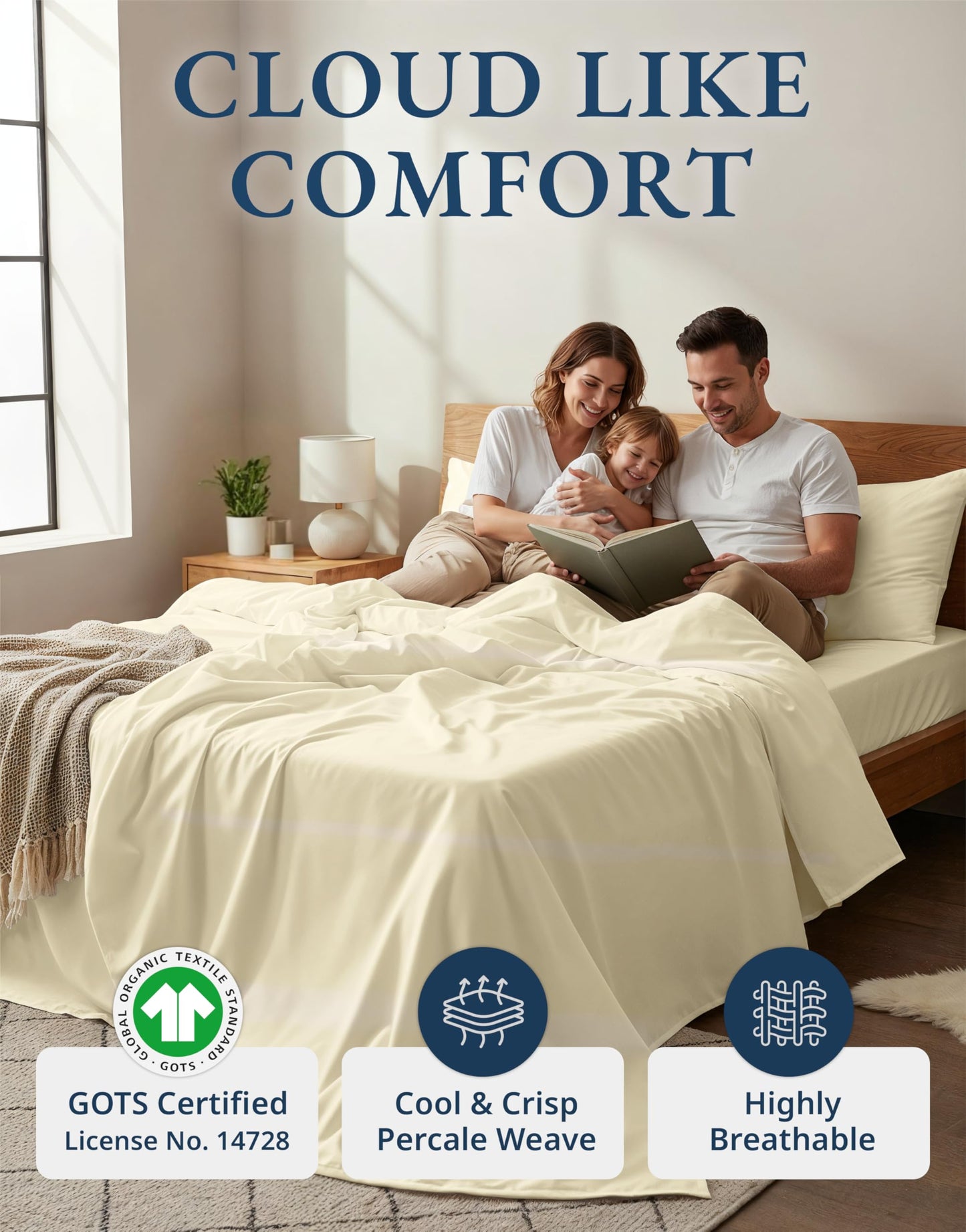 LANE LINEN Cotton Twin Sheets 100% Organic Cotton GOTS Certified Percale Weave Deep Pocket 3 Piece Soft Breathable Cooling Lightweight All Season Machine Washable Crisp - Natural