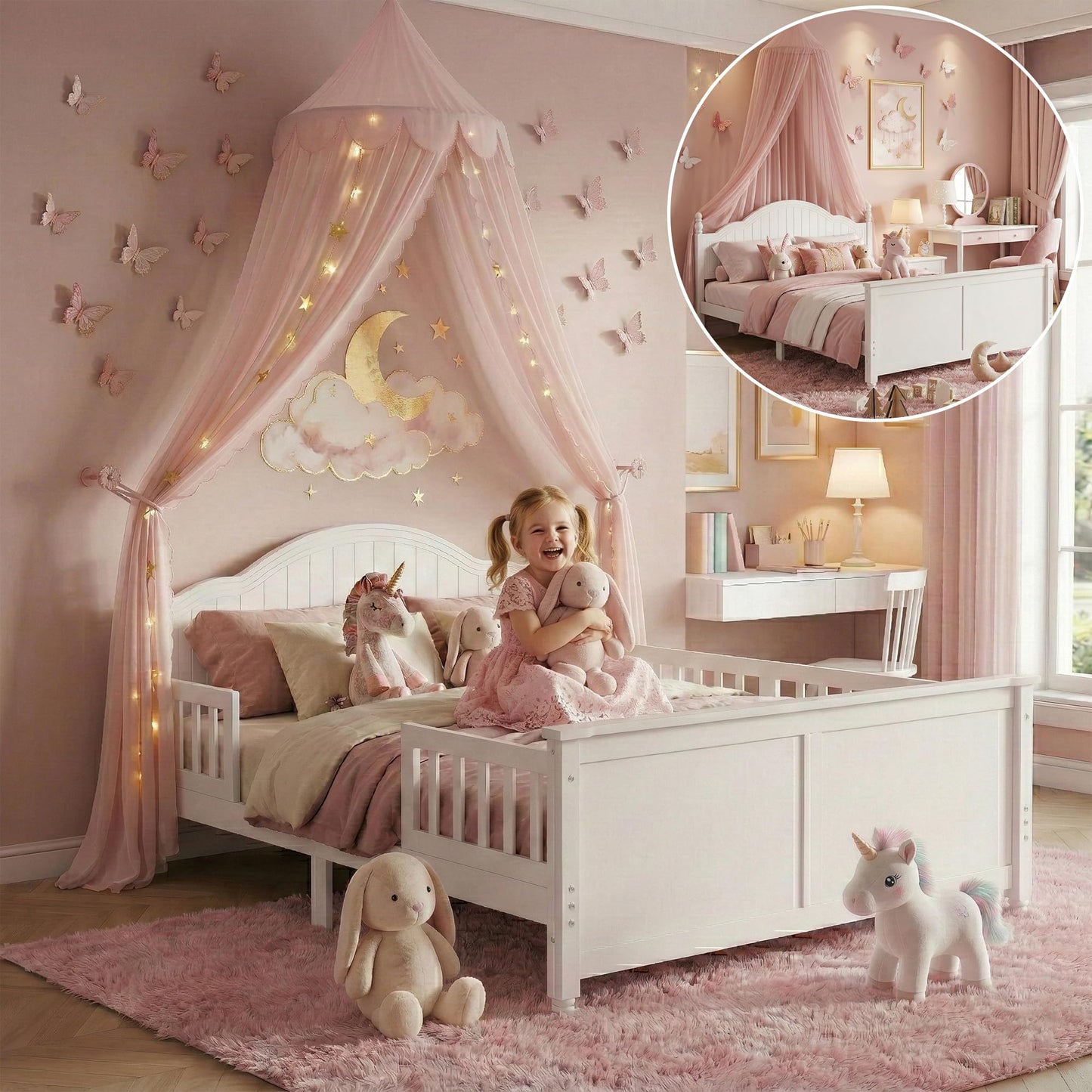 Aurnienofus Full Size Bed Frame Kids with Rails & Headboard, Wooden Low Platform Bed Frames with Detachable Guardrails, Footboard & Slat Support for Kids Girls Boys, Full Beds White