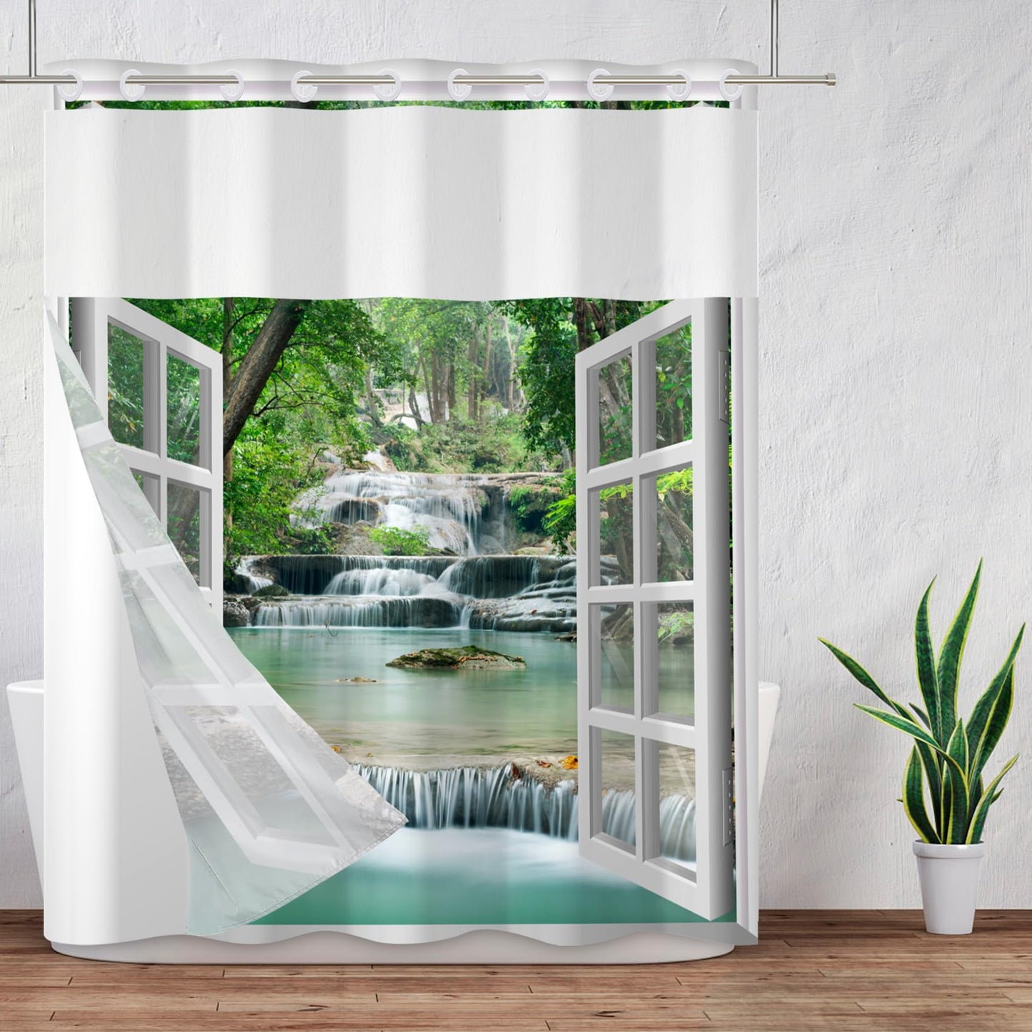 Baocicco No Hook Shower Curtain with Snap in Liner Nature Landscape Summer Forest River Jungle Waterfall Lake Waterproof No Hook Fabric Window Scenery Shower Curtains Set for Bath Bathtub 71x74 Inch