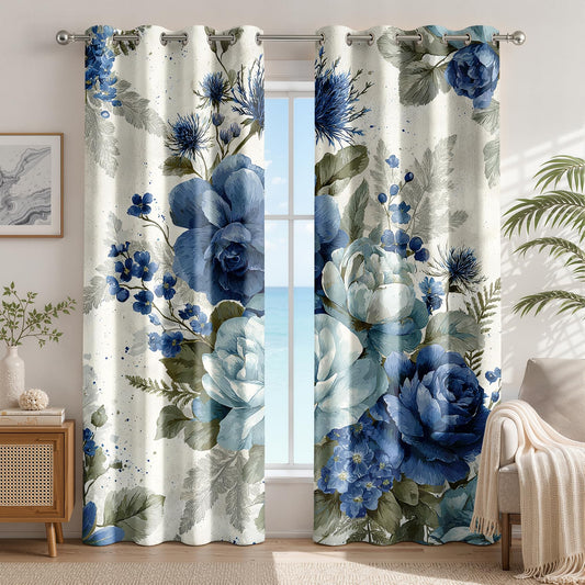 Peony Curtains 63 Inch Length 2 Panels Set, Vintage Farmhouse Blue Rose Floral Botanical Patterned Blackout Curtains for Bedroom Living Room, Thermal Insulated Room Darkening Grommet Drapes