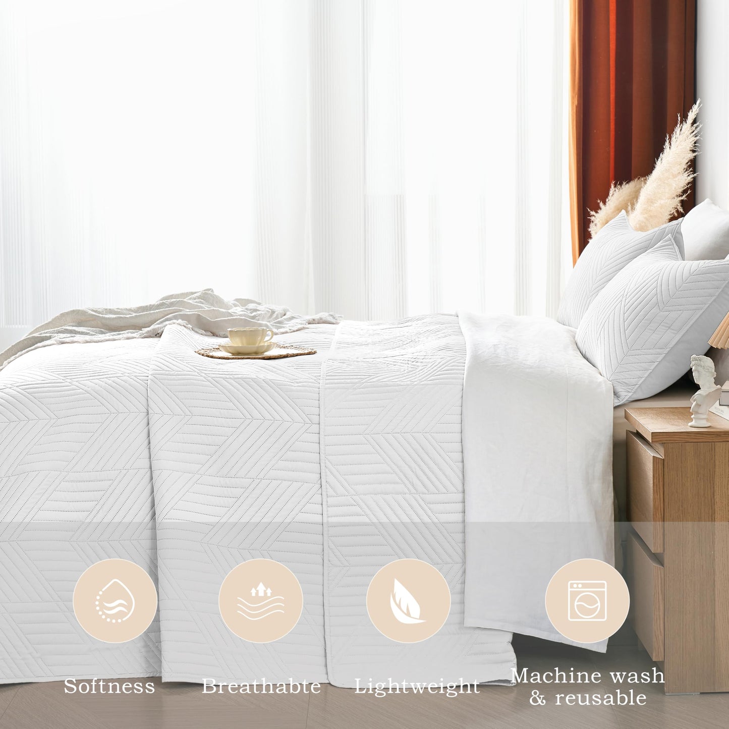 Davulos Queen Quilt Bedding Set,White Ultrasonic Full/Queen Quilt Set Reversible Microfiber Bedspread,Lightweight Soft Modern Geometric Coverlet Set for All Seasons(1 Quilt,2 Pillow Shams)