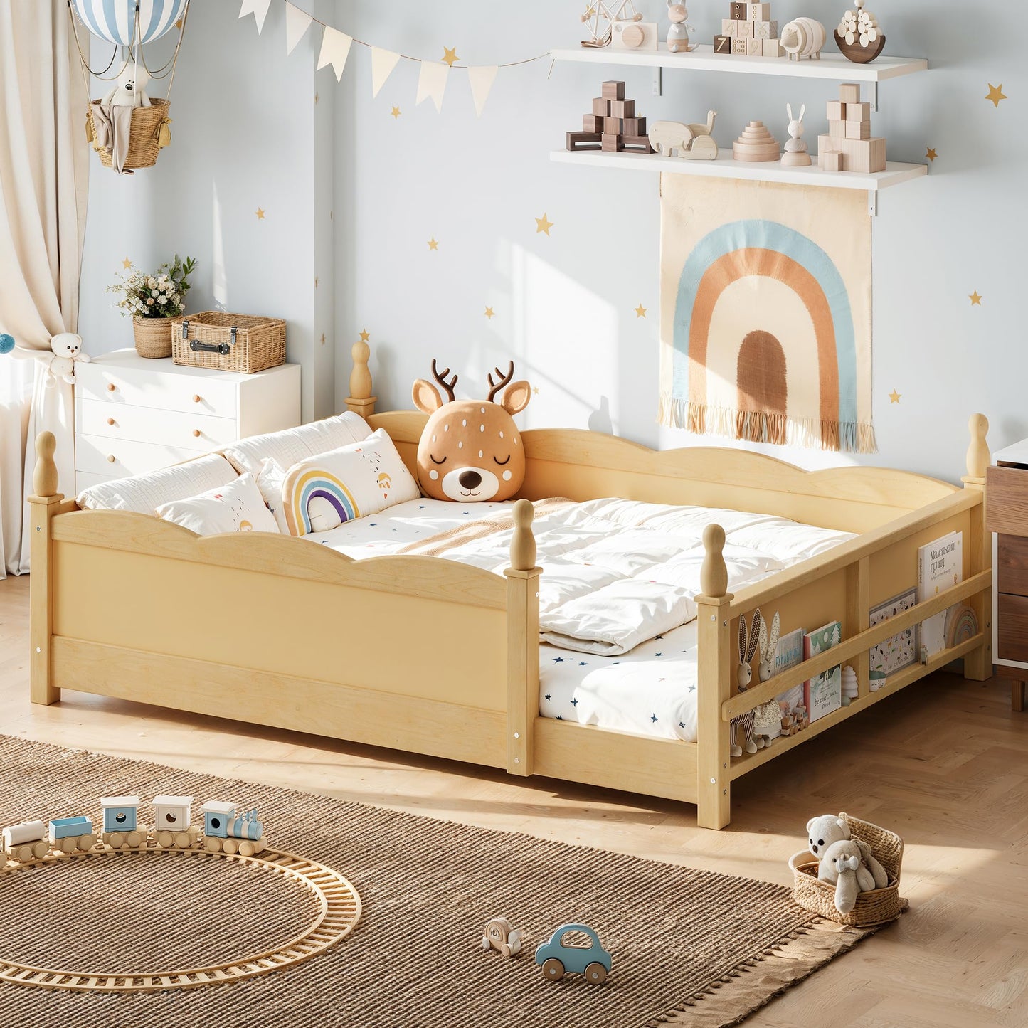 KEIKI Full Size Wood Montessori Floor Bed Frame with Beside Book Shelf, for Girls and Boys, Floor Bed with Full-Length Guardrails & Slats, Easy Assembly, No Box Spring Required, for Bedroom, Natural