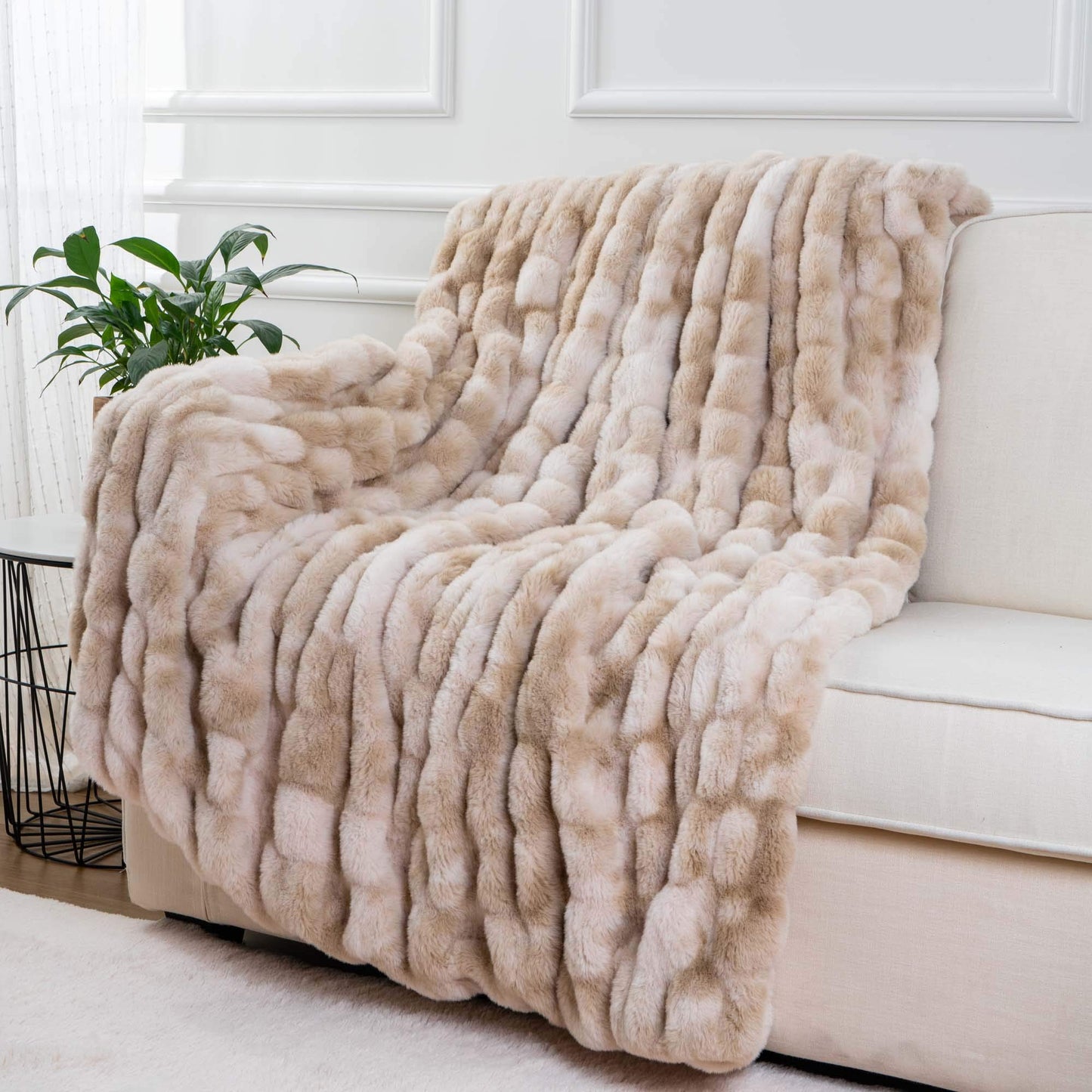 BATTILO HOME Ruched Luxury Faux Fur Throw Blanket Beige Tie-dye Rabbit Fur Blanket for Couch, Living Room, Fuzzy, Soft, Plush, Cozy, Elegant with Reversible Mink Blanket Beige, 60"x80"