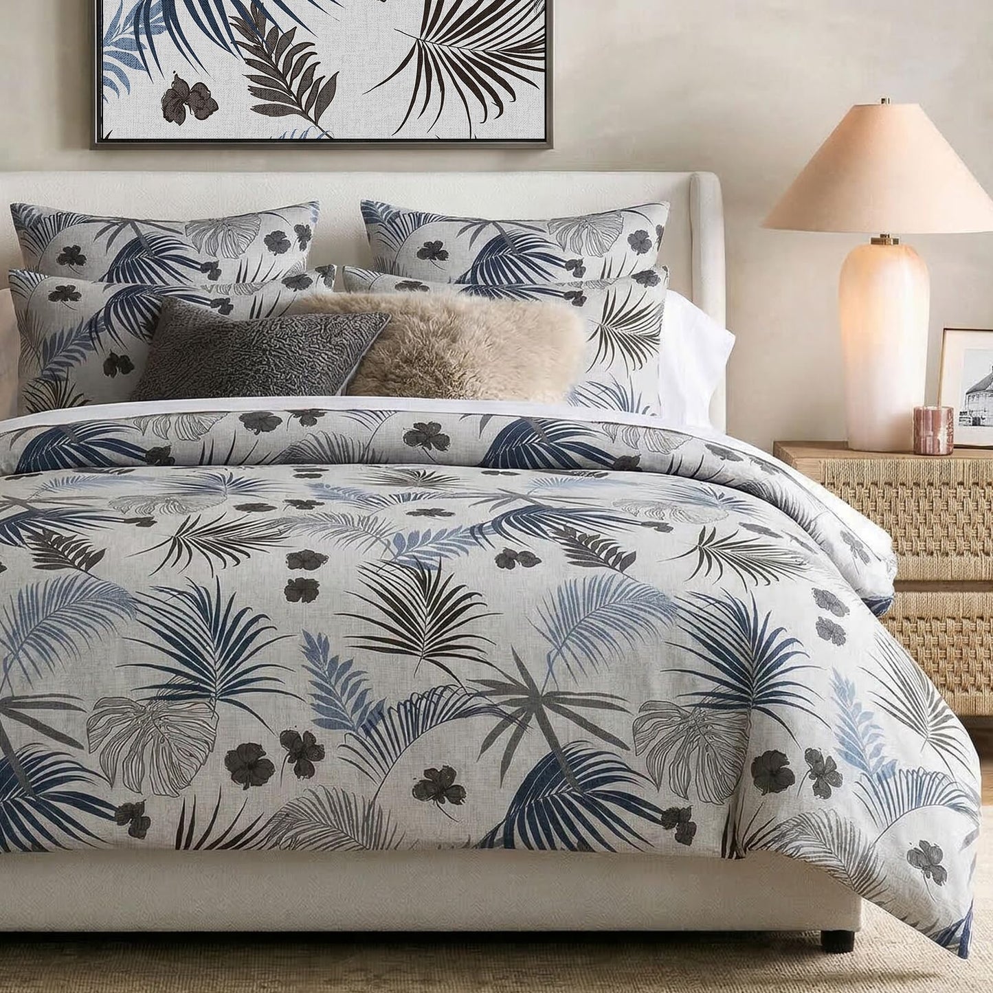 Bedorm 100% Cotton Duvet Cover Set Queen Vintage Floral Bedding Set Gray Blue Palm Tree Leaf Botanical Print Soft & Durable Duvet Cover with Zipper Closure
