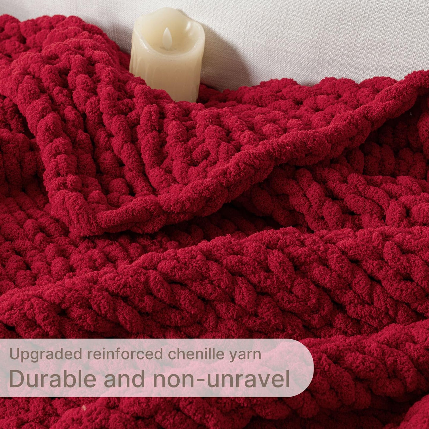 LAST MODA Chunky Knit Blanket Throw, 100% Hand Knit Throw Blanket Handmade Chenille Cable Knit Throw for Couch, Stylish Cozy Soft Rope Knot Crochet Blanket for Home Decor, Red, 50x60 Inches