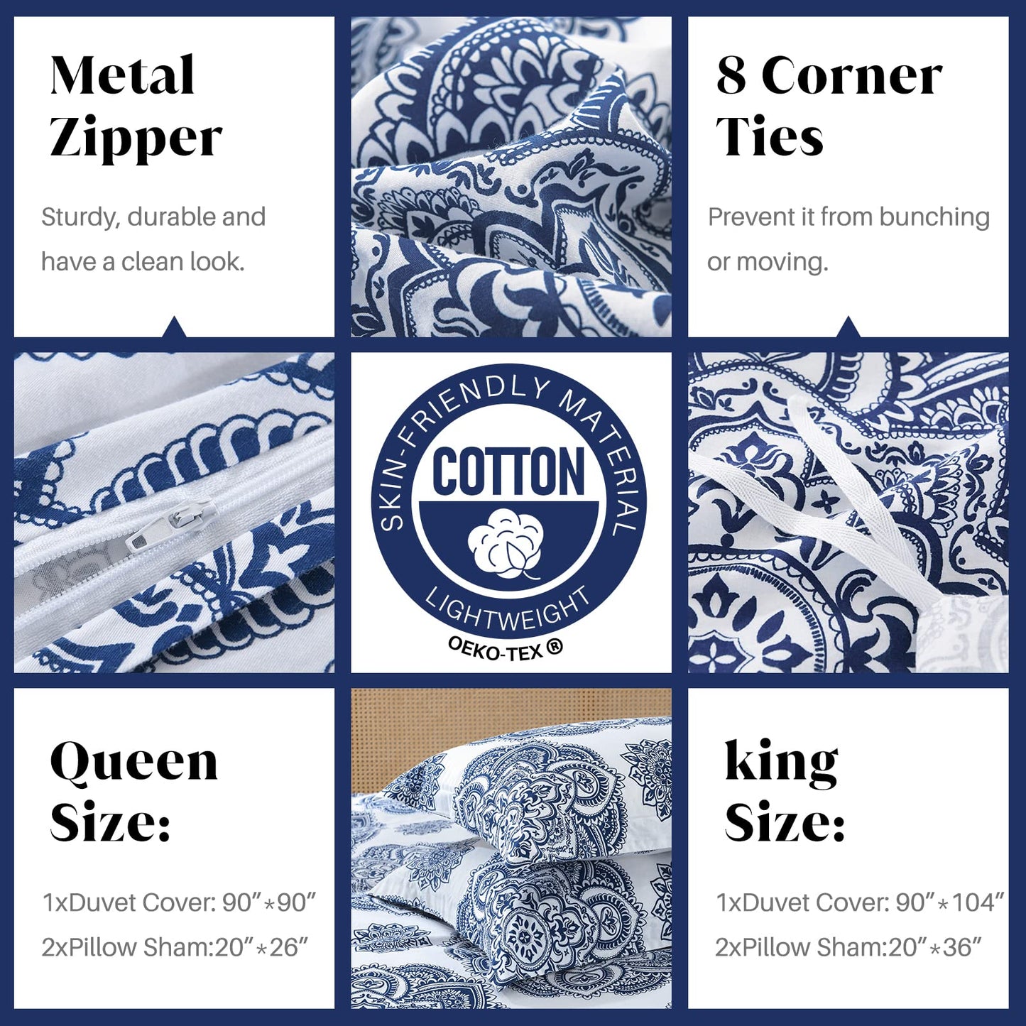 CozyDH Cotton Duvet Cover King Size - 100% Cotton 400TC Floral Damask Paisley Duvet Cover Set, 3pcs Soft Lightweight King Beddding Set, Zipper Closure 8 Ties(Royal Blue, 104x90, No Comforter)