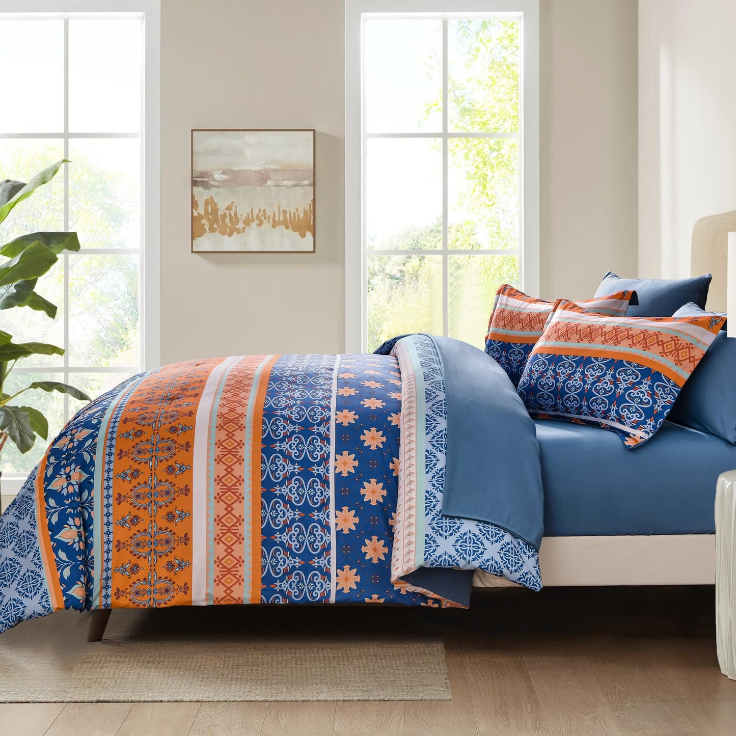 WONGS BEDDING Boho Comforter Set Queen, Blue and Orange Bedding Set 7 Pieces Bed in a Bag Bohemian Striped Bedding Comforter Sets Soft Microfiber Comfortet and Sheet Set for All Season